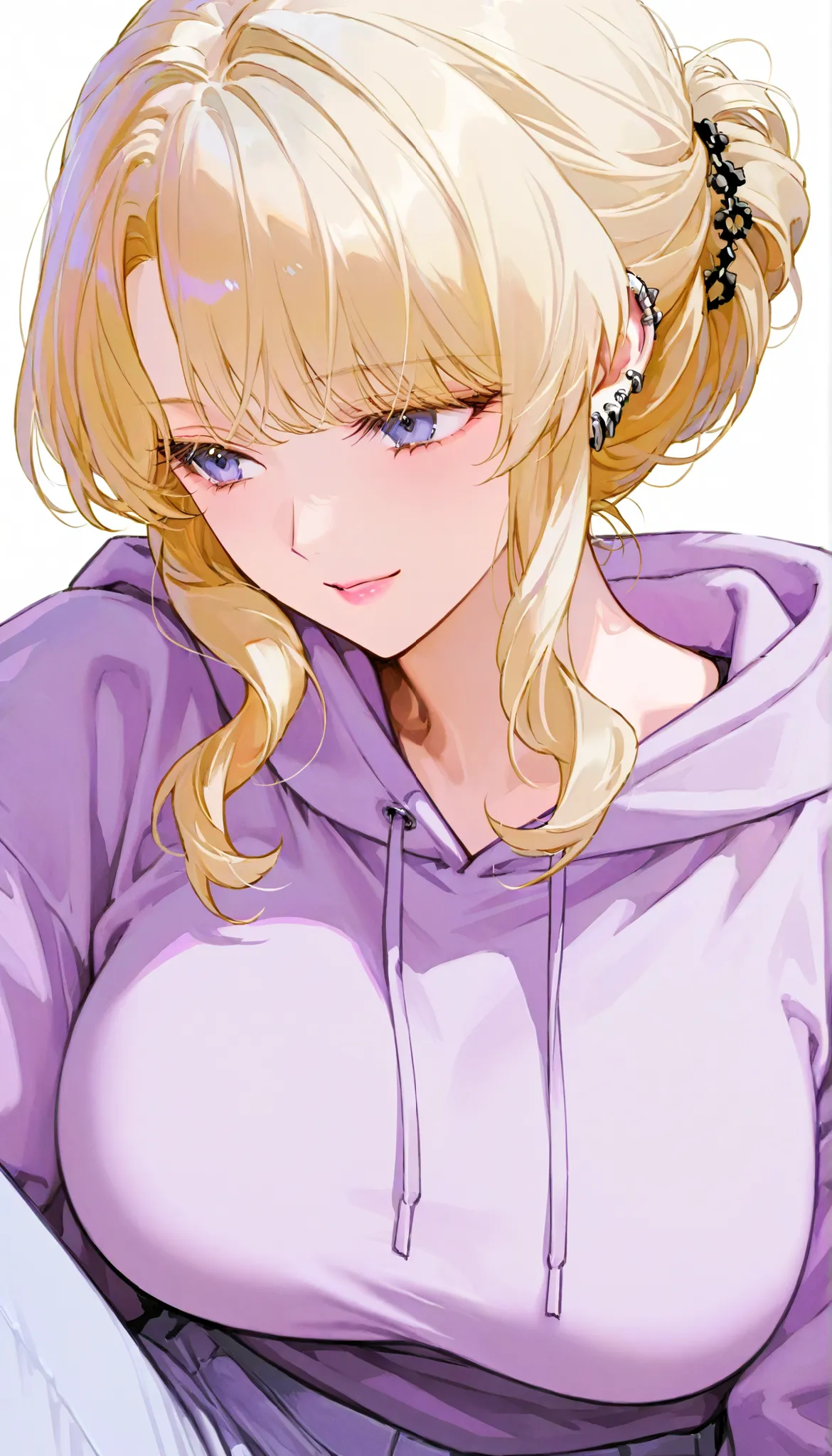 1 female, pretty face , hair,Hairpin Hairstyle, Light hair ,blonde hair, bangs, Blue Eyes , coat, white background,close up, pierced ears,Purple theme,big breasts,light purple hoodie,Light grey blue pants,Just take a picture of your facial features,Matur...