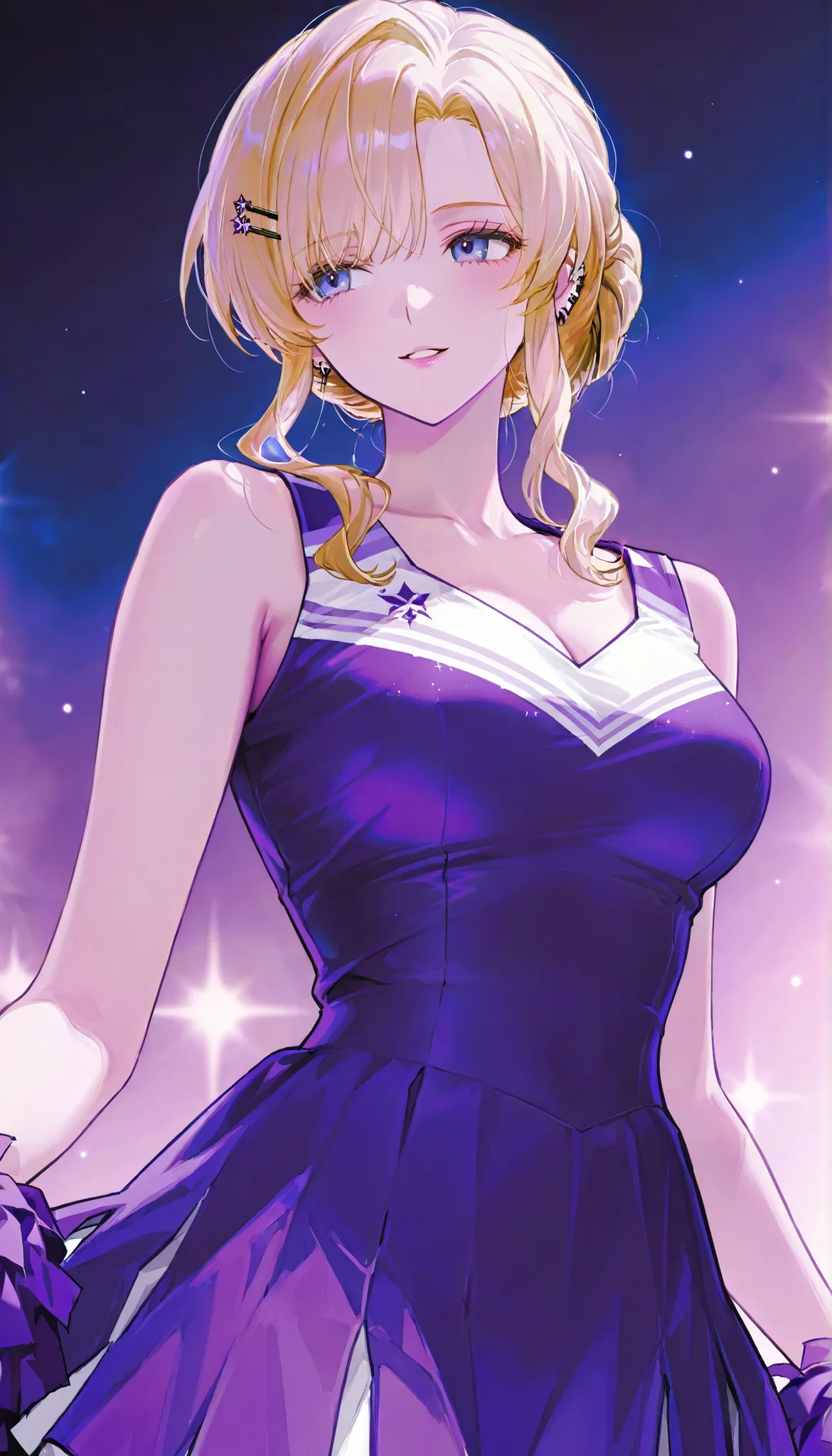 1 female, pretty face , hair,Hairpin Hairstyle, Light hair ,blonde hair, bangs, Blue Eyes , night background,pierced ears,Purple theme,medium breasts,cheerleader dress,Just take a picture of your facial features,Mature Woman,Royal sister,Unified style,sc...