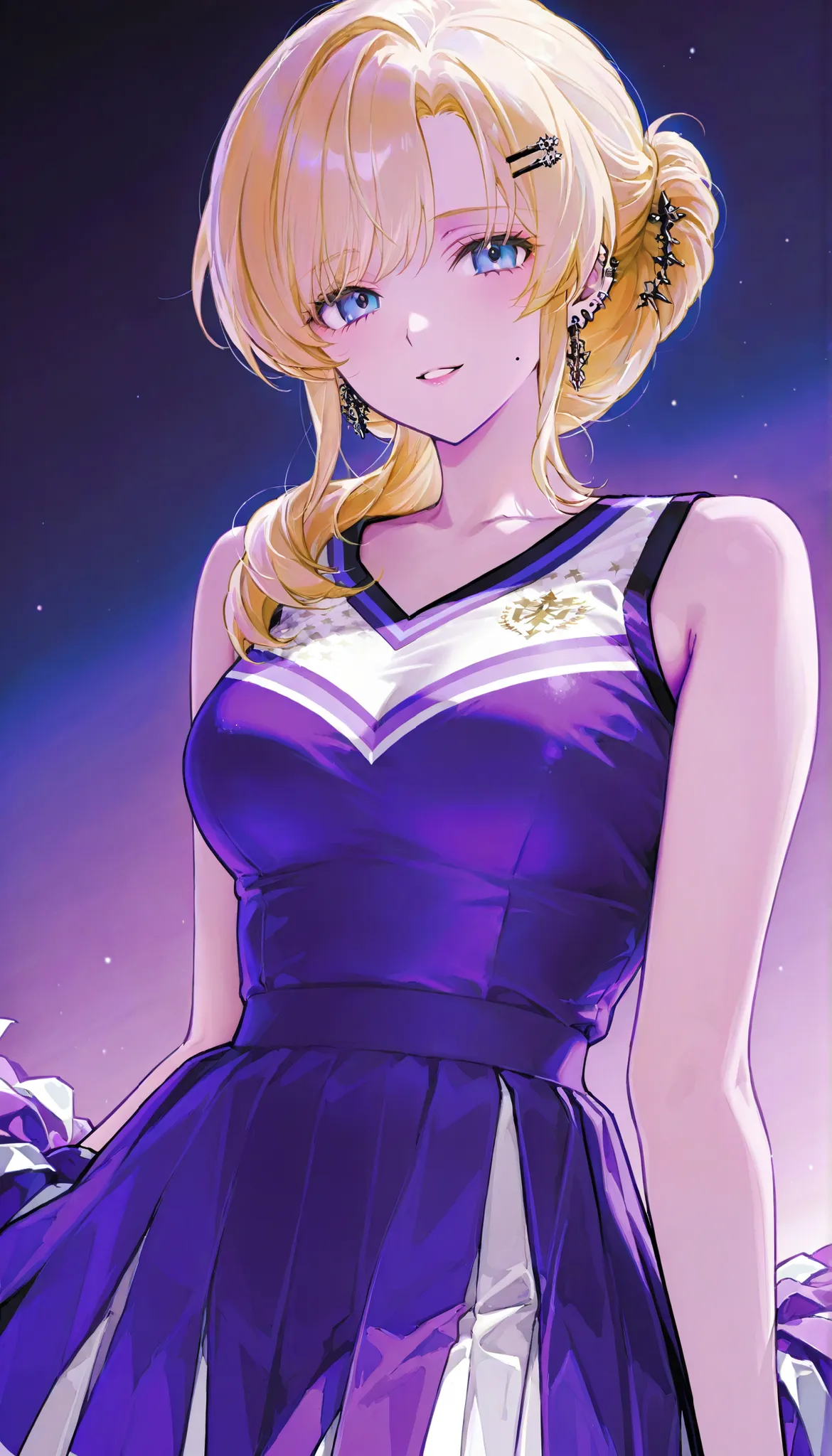 1 female, pretty face , hair,Hairpin Hairstyle, Light hair ,blonde hair, bangs, Blue Eyes , night background,pierced ears,Purple theme,medium breasts,cheerleader dress,Just take a picture of your facial features,Mature Woman,Royal sister,Unified style,sc...
