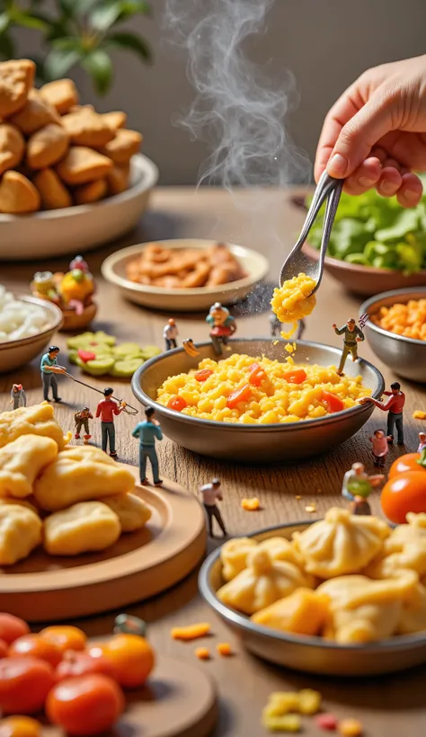 Ultra-realistic miniature human figures cooking the traditional Bangladeshi snack 'Singara' in a vibrant kitchen scene. The tiny humans are working hard, carrying vegetables, kneading dough, frying samosas in oversized utensils. Emphasize the realism, deta...