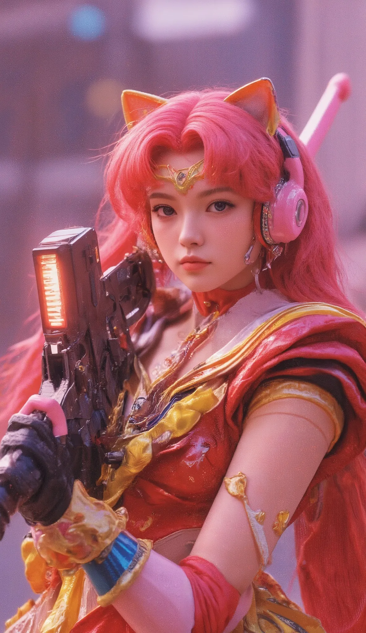 cute girly robot sailormoon, colorful flower golden pattern on red body, headset ear cat's, armed with heavy weapons on body, kawaii mood, Joints and gaps glowing pink. Riding the cheetah.hardcore machine. newest anime style,cute pop simple background.vivi...