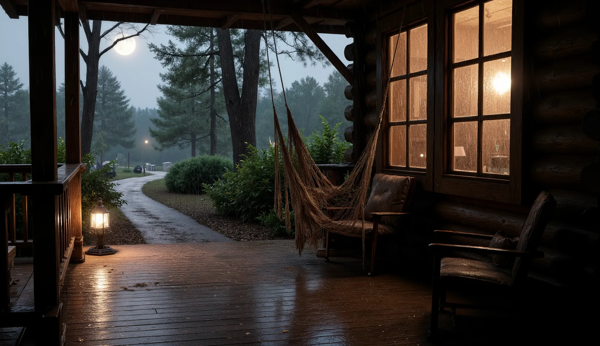 A cozy log cabin with a porch on a rainy night, (on the porch there is a hammock) seen from the porch looking out onto a wet wooden deck and a path that leads to a forest, warm light shining from the cabin windows, soft outdoor lamps illuminating the path,...