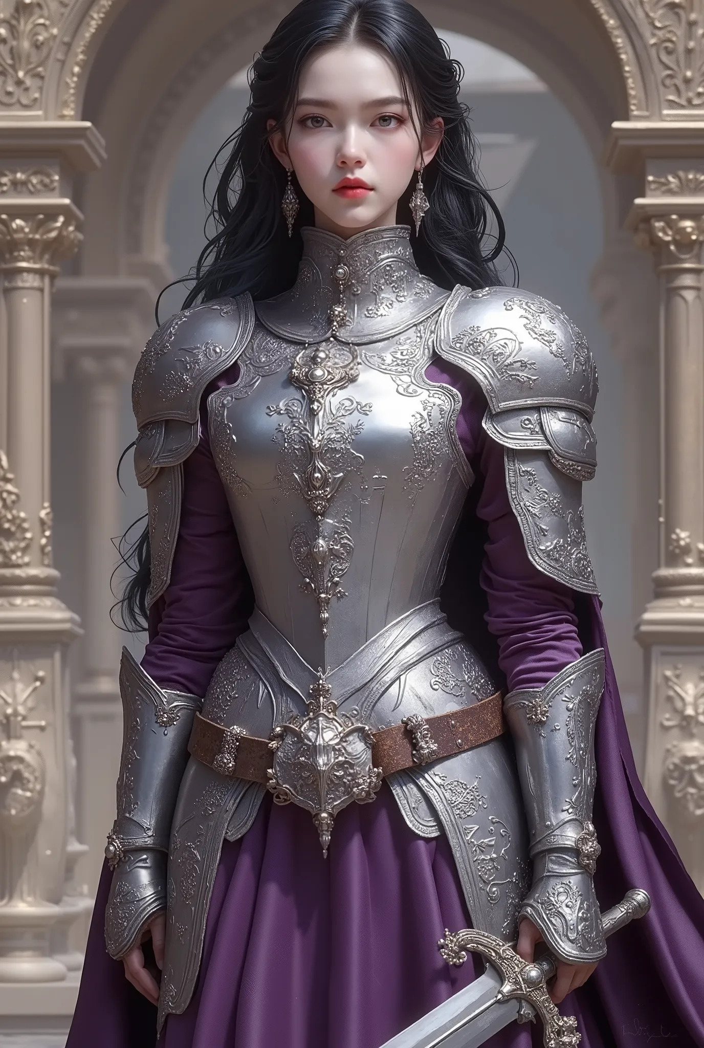 UHD, retina, accurate, anatomically correct, masterpiece, super detail, best quality, 8k, super detail, extremely precise in every detail, beautiful detailed glow, beautiful attention to detail, beautiful detailed eyes, one young female warrior stands rega...