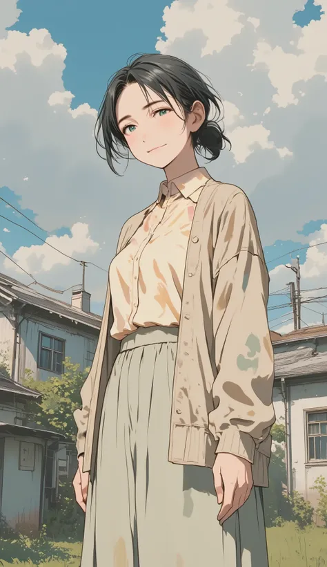 Medium-shot, vertical pastel-style illustration featuring a beautiful 40-year-old housewife standing in front of a school gate. She has a mature, elegant beauty with soft smile lines, kind eyes, and slightly tired but gentle expression. Her shoulder-length...