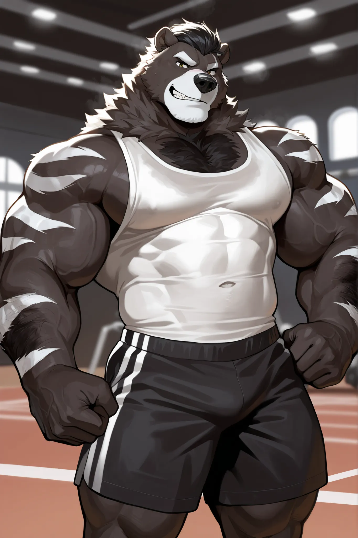 solo, 1boy, A muscular anthropomorphic bear with brown and black fur and white stripes, standing in a black gym. He is wearing gym clothes, including a fitted tank top and shorts, and striking a powerful, strong pose. His muscular build is emphasized. The ...