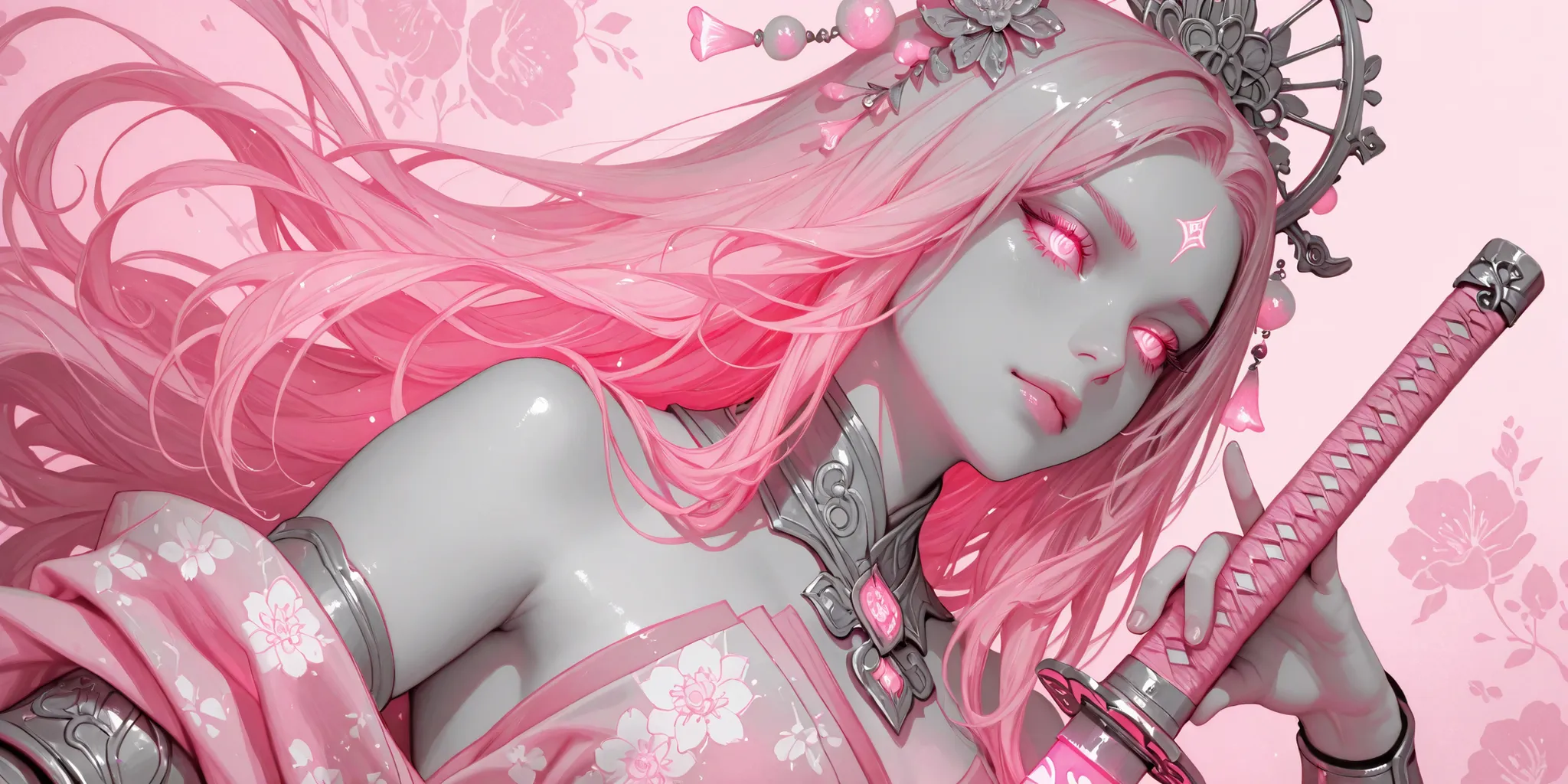 A young woman poses confidently, wearing an ornate pink kimono with floral patterns and matching arm guards. She holds a katana with both hands, exuding a fierce yet graceful presence. Her long, flowing hair cascades down her shoulders, contrasting with th...