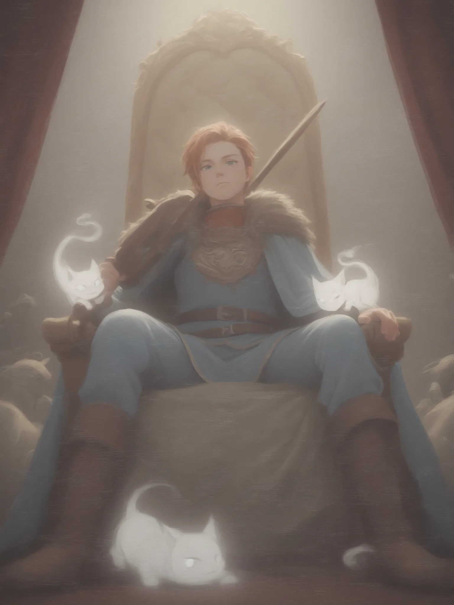 Prompt 1 (Portrait 3:4):
hyper-detailed fantasy anime style, young medieval king boy with the playful spirit of a , dressed in royal garments stitched from blankets and curtains, sitting on a throne made of toys, wooden sword in hand, surrounded by floatin...