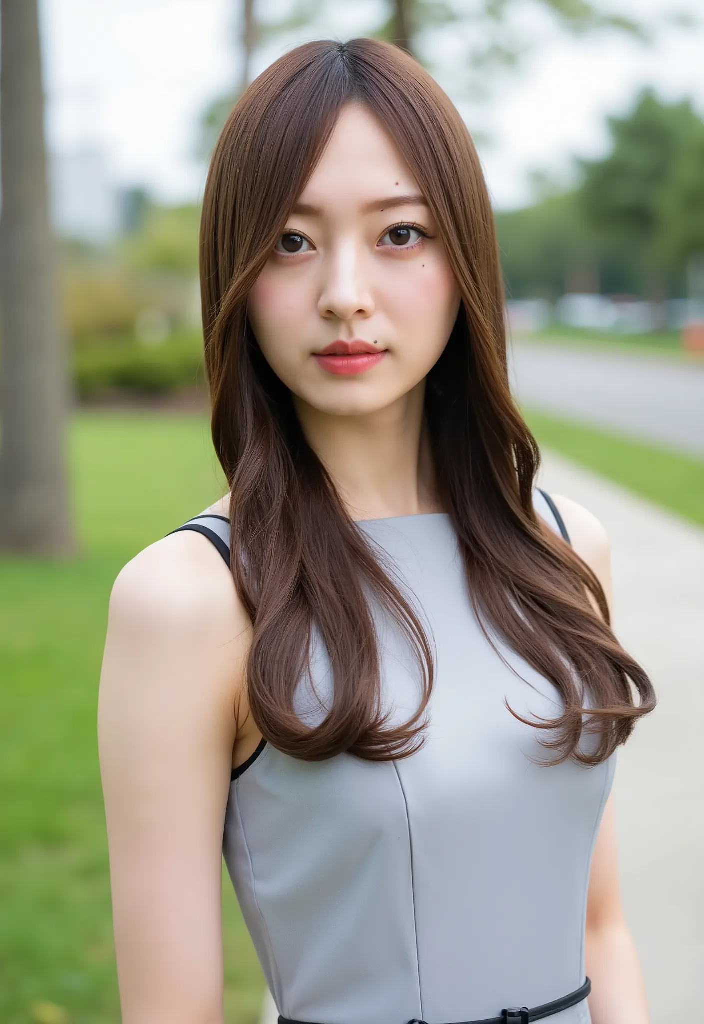 young Asian woman who randomly shot、A picture of a plum,  long,  straight brown hair, Wearing sleeveless, standing outside in natural light in a、Picture of a young asian woman named konishi with black lining, light gray dress with black lining .