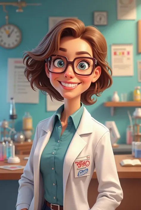Give me an animated Disney image of a 45-year-old lab doctor with lenses, white skin , with light brown hair. Say happy teacher's day