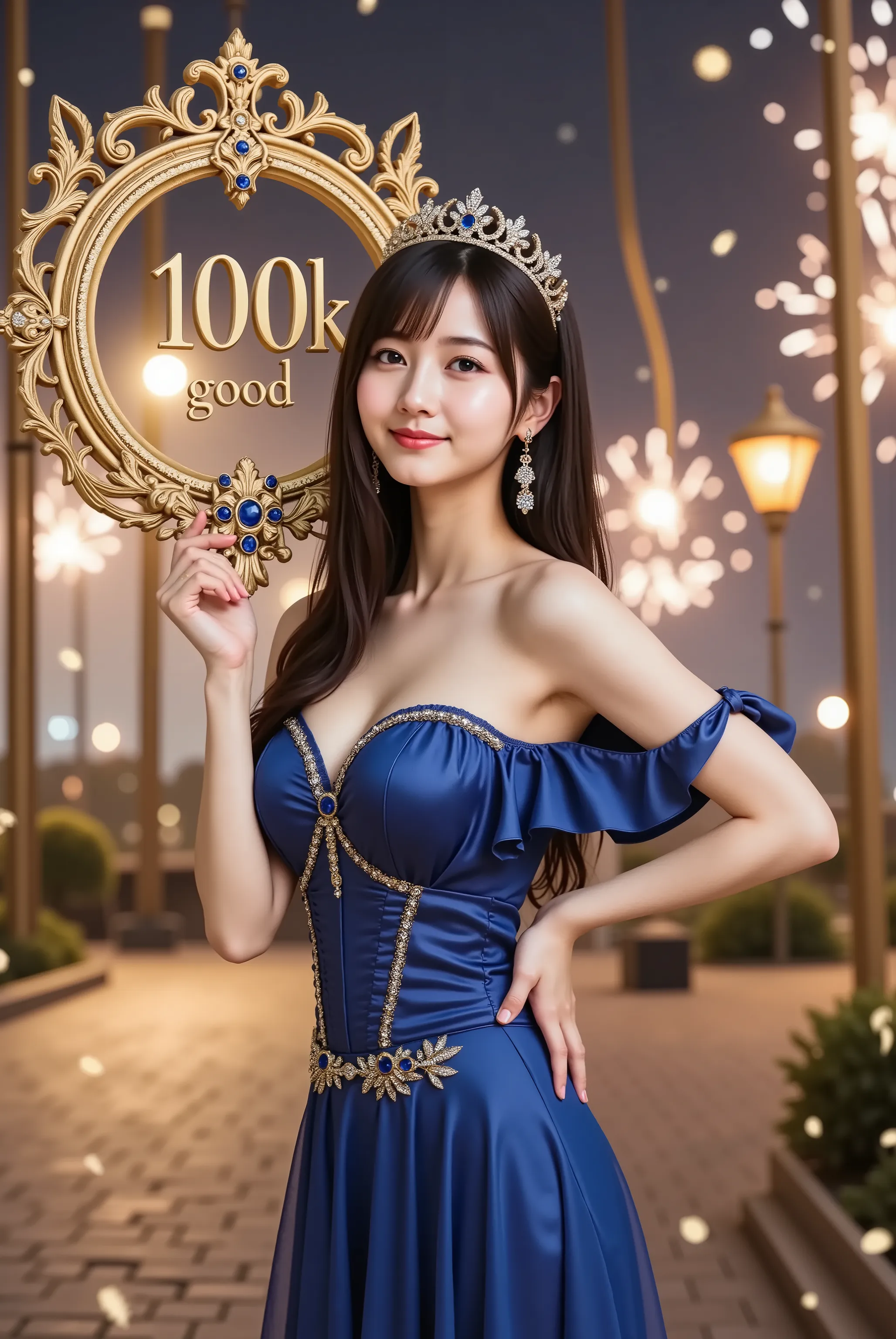 A slender young woman with firm and full breasts held high and compact to showcase a bold and daringly deep and wide cleavage, wearing a luxurious off-shoulder mini dress in deep sapphire blue with intricate gold embroidery along the sweetheart neckline an...