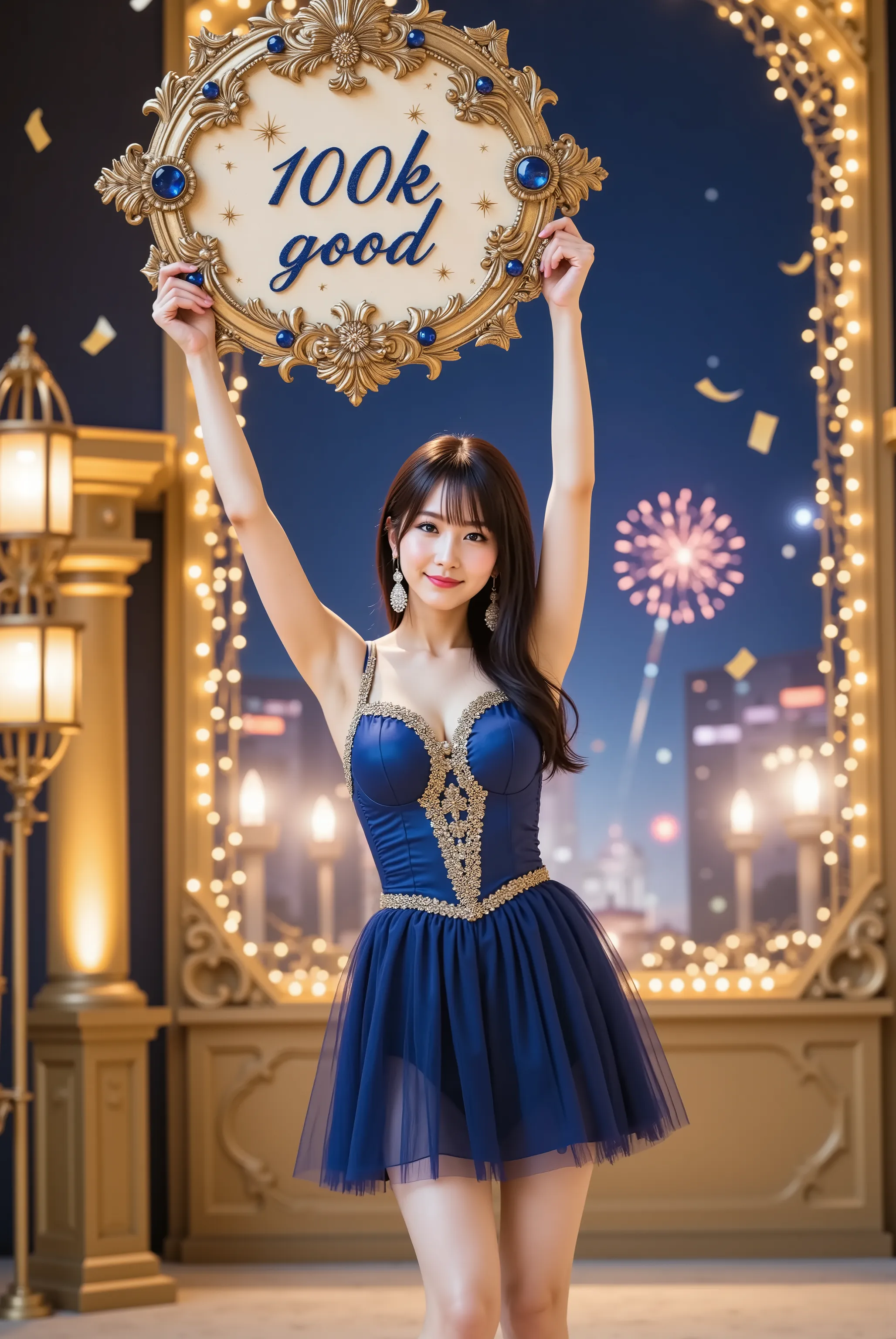 A slender young woman with firm and full breasts held high and compact to showcase a bold and daringly deep and wide cleavage, wearing a luxurious off-shoulder mini dress in deep sapphire blue with intricate gold embroidery along the sweetheart neckline an...