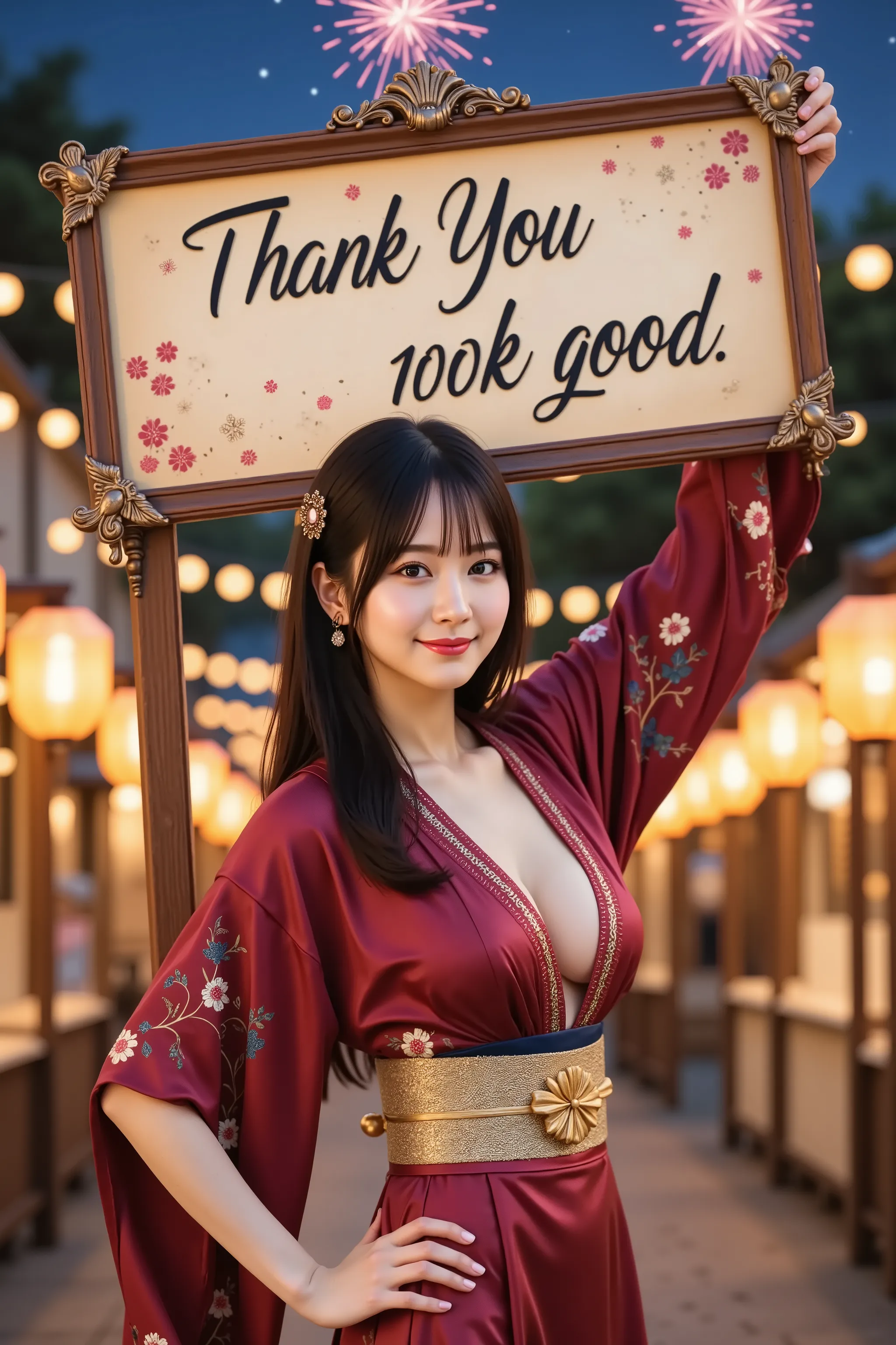 A slender young woman with firm and full breasts held high and compact to showcase a bold and daringly deep and wide cleavage, wearing a luxurious silk yukata in deep sapphire red with gold floral embroidery along the wide neckline and flowing sleeves, cin...