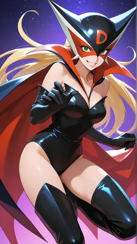 doronjosama, blonde hair, mask, green eyes,black elbow gloves, cape, black leotard, strapless, black thigh boots,grin,