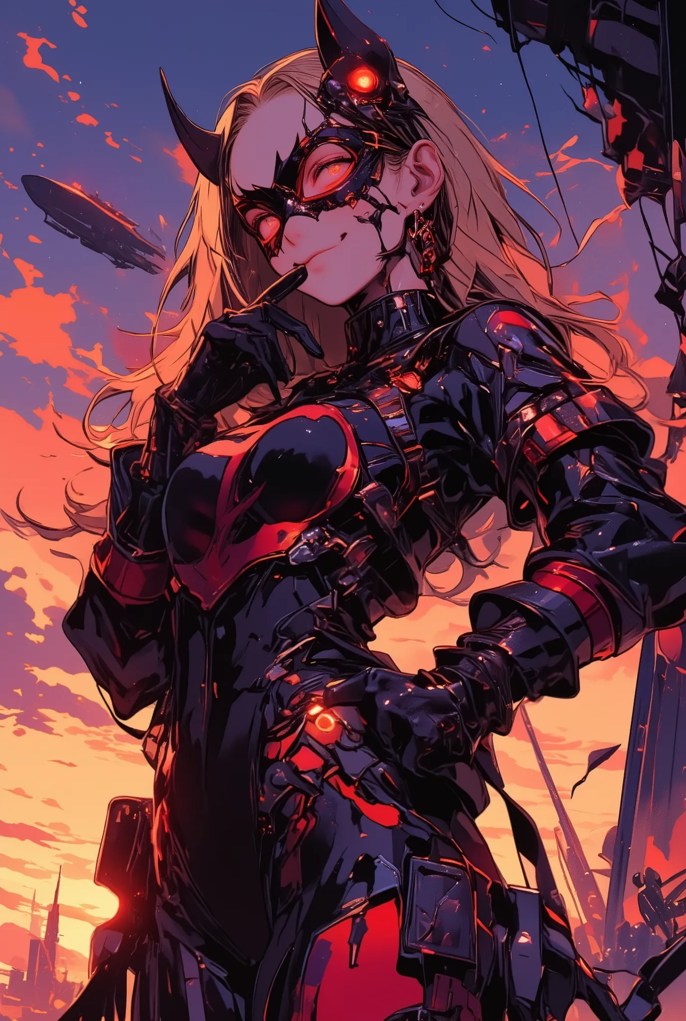 cinematic anime-style bust portrait of a glamorous villainess inspired by Doronjo from Yatterman, wearing a black and red bodysuit with a large red "D" emblem, sharp mask over her eyes, elegant black gloves, long flowing blonde hair, smirking with confiden...