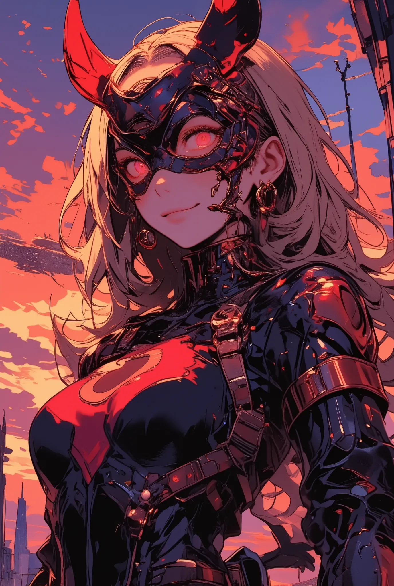 cinematic anime-style bust portrait of a glamorous villainess inspired by Doronjo from Yatterman, wearing a black and red bodysuit with a large red "D" emblem, sharp mask over her eyes, elegant black gloves, long flowing blonde hair, smirking with confiden...