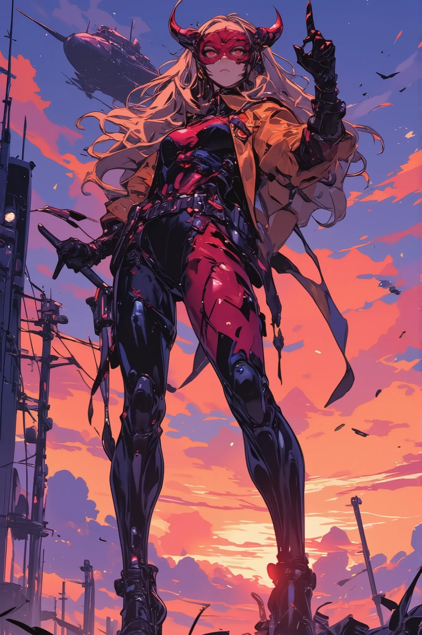 full-body anime-style illustration of a glamorous female villain inspired by Doronjo from Yatterman, striking a confident and stylish pose with one hand on her hip and the other pointing upward, wearing a sleek black and red bodysuit with high heels, long ...