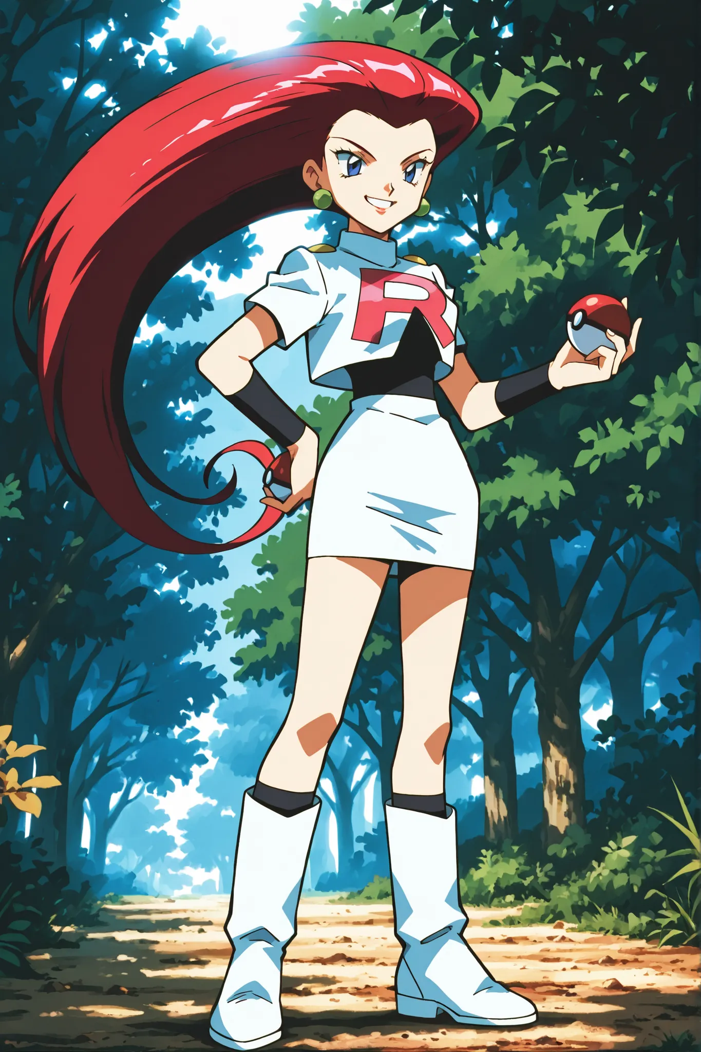Jessie with long red hair, white top with R written on it, white short skirt and above-the-knee black leather boots, smiling, holding a Pokeball, outdoors in the afternoon, natural lighting, in close up in a highly detailed anime style