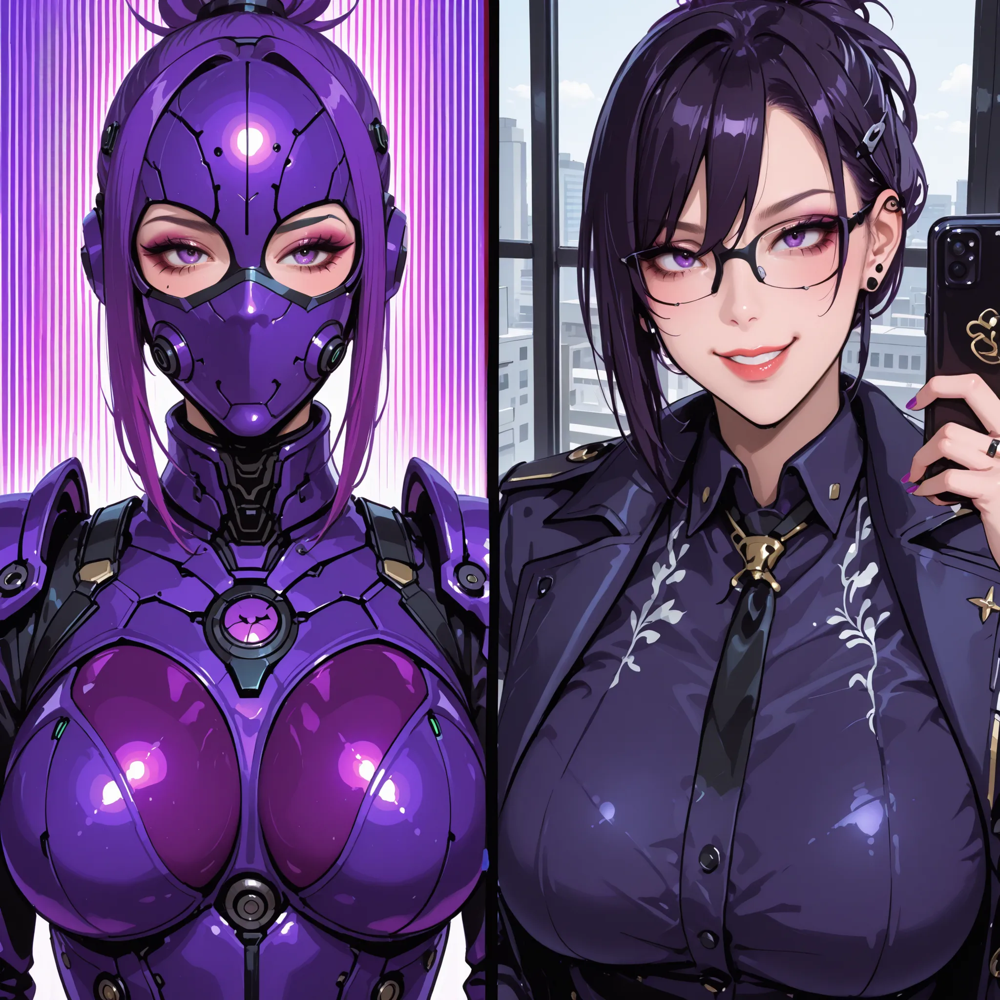 Split screen. Kaijin girl. Scorpion motif. Reddish purple image color. Biological bodysuit. Mechanical full face mask. Has a whip. Pert breasts. Spiky armor.