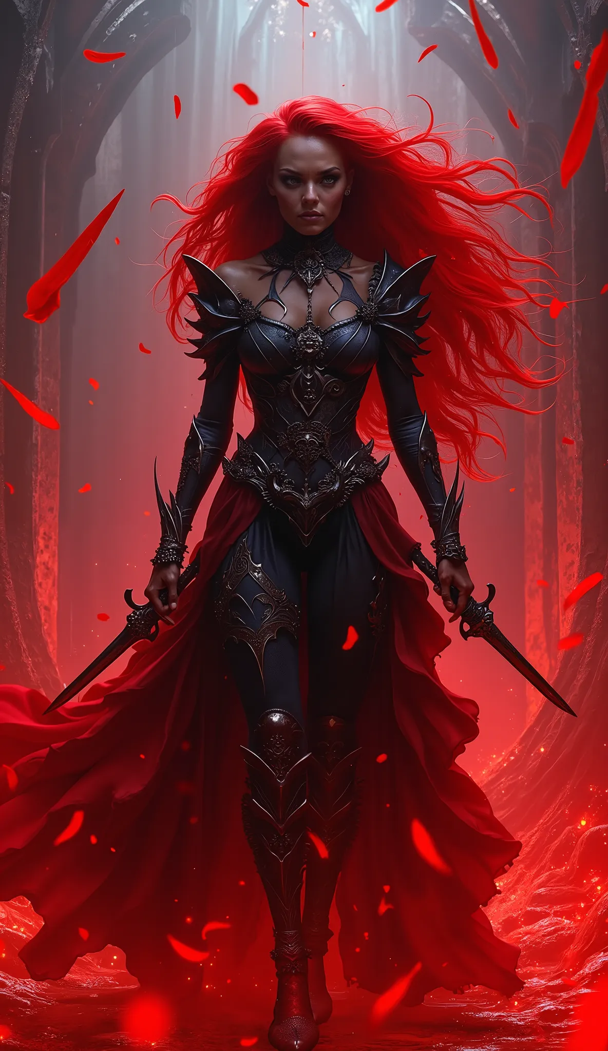 :# PromptAshia, the powerful black goddess with blood-red hair, stands side by side with Blade, unleashing a formidable display of blood magic. Together, they summon blood daggers and spears that levitate around them, radiating an aura of dark power and in...