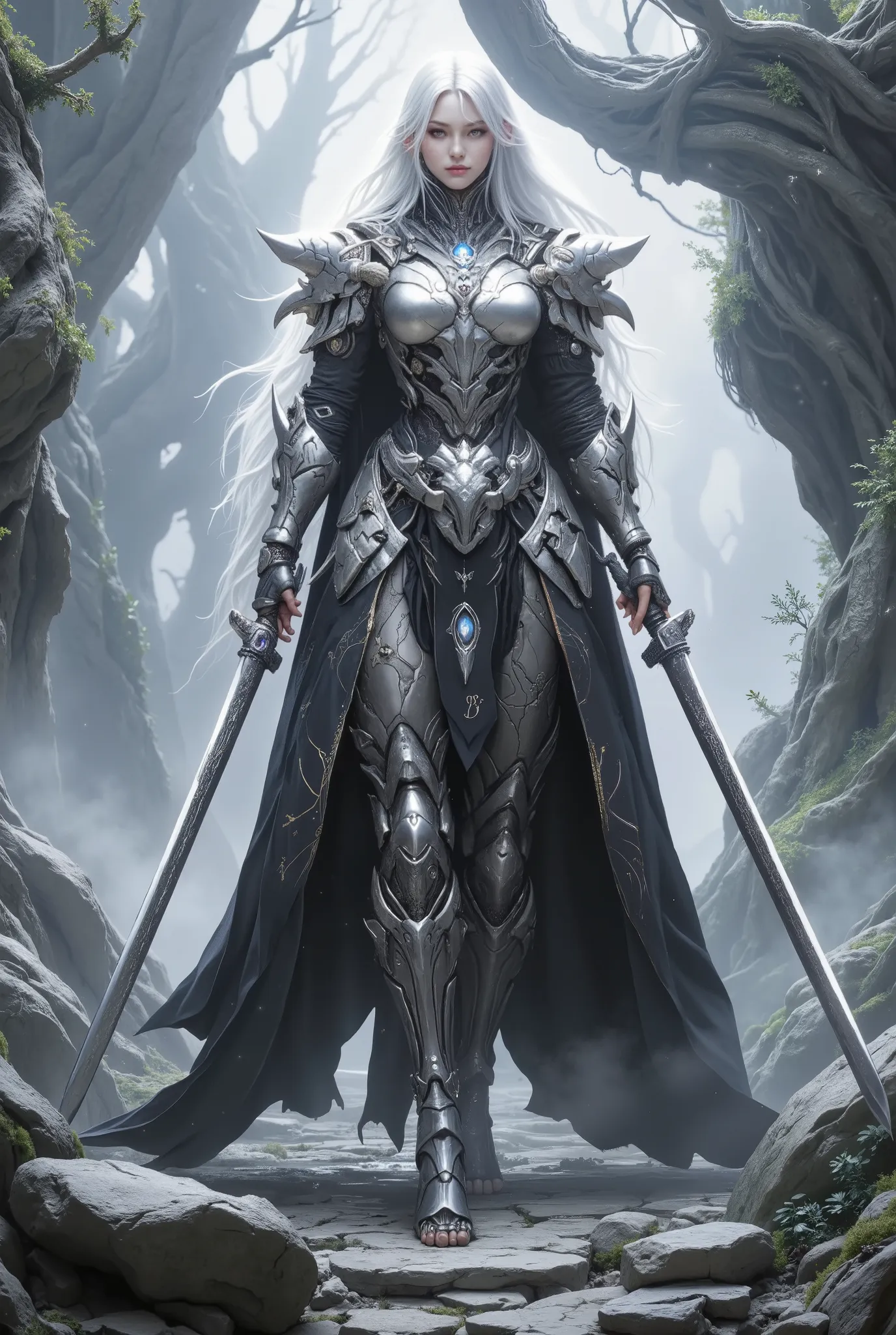Create a majestic and graceful female fantasy character, tall in stature with long, flowing silver hair. The character is adorned in dark, intricate robes embellished with silver armor and celestial motifs. They hold two gleaming, elegant swords, poised as...