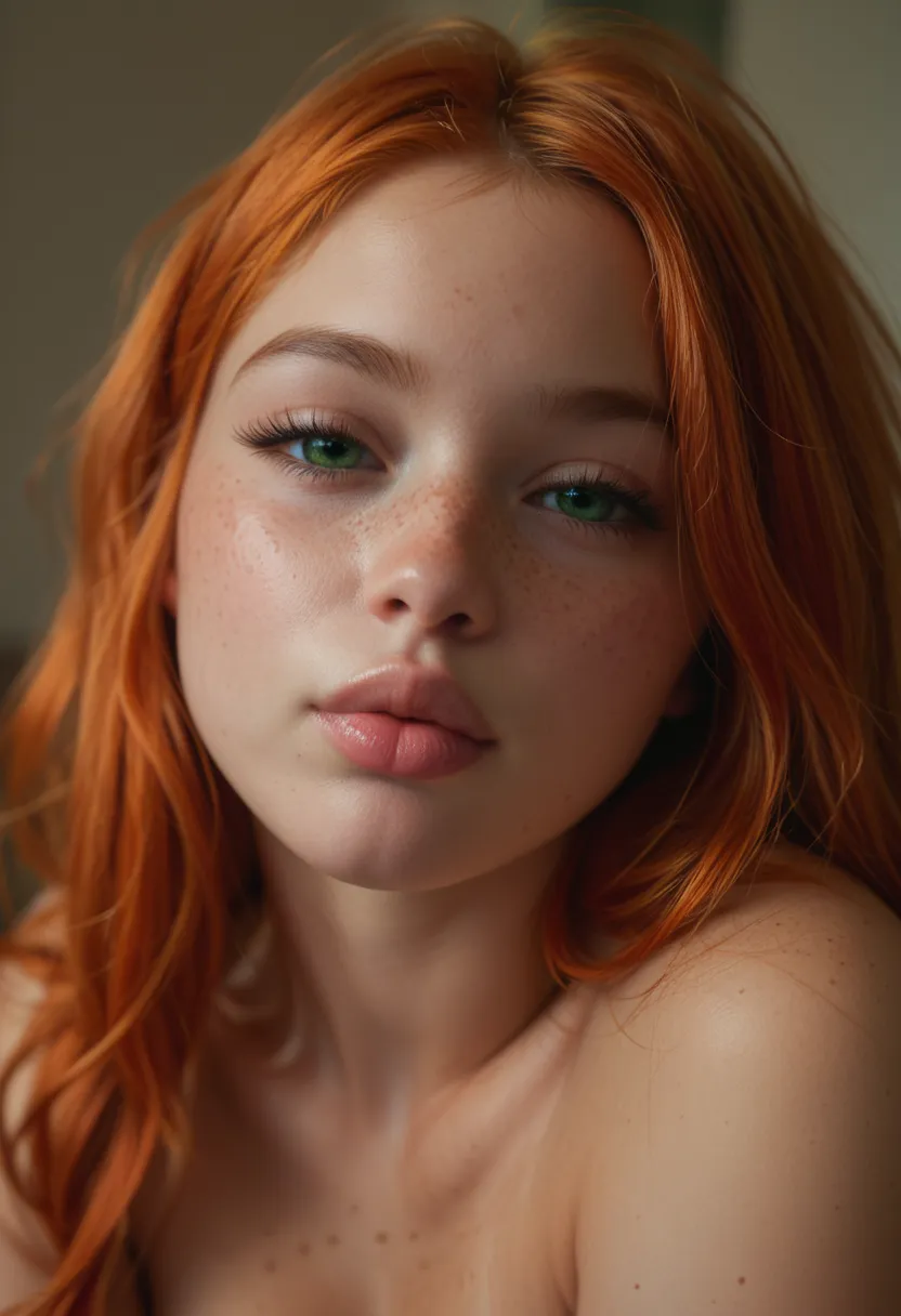 tiny ULTRA REALISTIC, cute girl, cute face, big green eyes, full lips, long orange red hair, skinny, huge breast, Extra huge ASS, thick thighs, pale skin, a lot of freckles, TINNY WAIST. close-up face, kiss