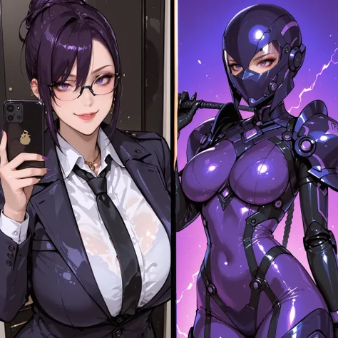 Split screen. Kaijin girl. Scorpion motif. Reddish purple image color. Biological bodysuit. Mechanical full face mask. Scorpion motif helmet. Sharp claws. Has a whip. Pert breasts. Spiky armor. Slim waist. Tilted posture.