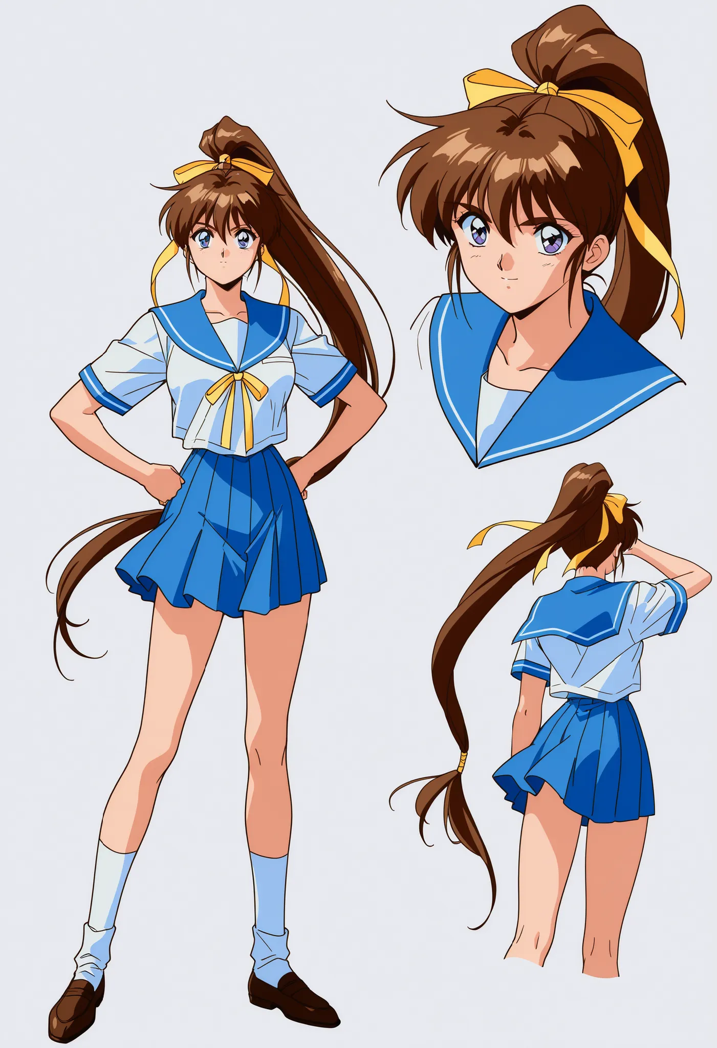 score_9, score_8_up, score_7_up,1990s \(style\),anime coloring,BREAK,1girl, Amatsu_Ai, brown hair, ponytail, very long hair, ribbon, hair ribbon, hair bow, breasts, blue eyes, bangs, purple eyes, high ponytail, full body,BREAK, school uniform, Yellow ribbo...