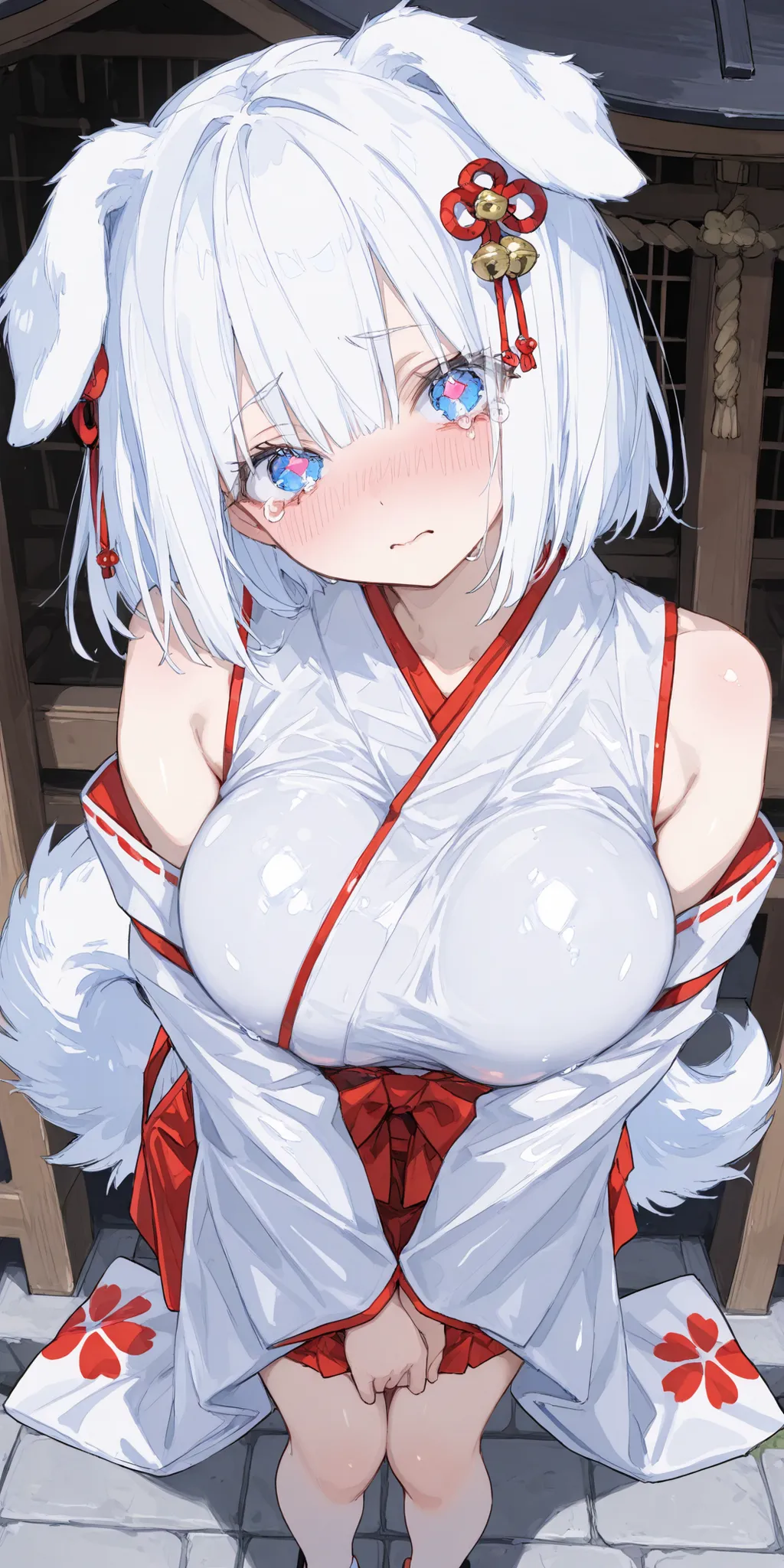 best quality, masterpiece, ultra detailed, general, SakimiStyle, SagawaStyle, ma1ma1helmes_b_illu, 1girl, large breast, sweet, white hair, from above, v arms, breast squeeze, bent over, shrine maiden, floppy dog ears, human ears invisible, teary eyes, emba...