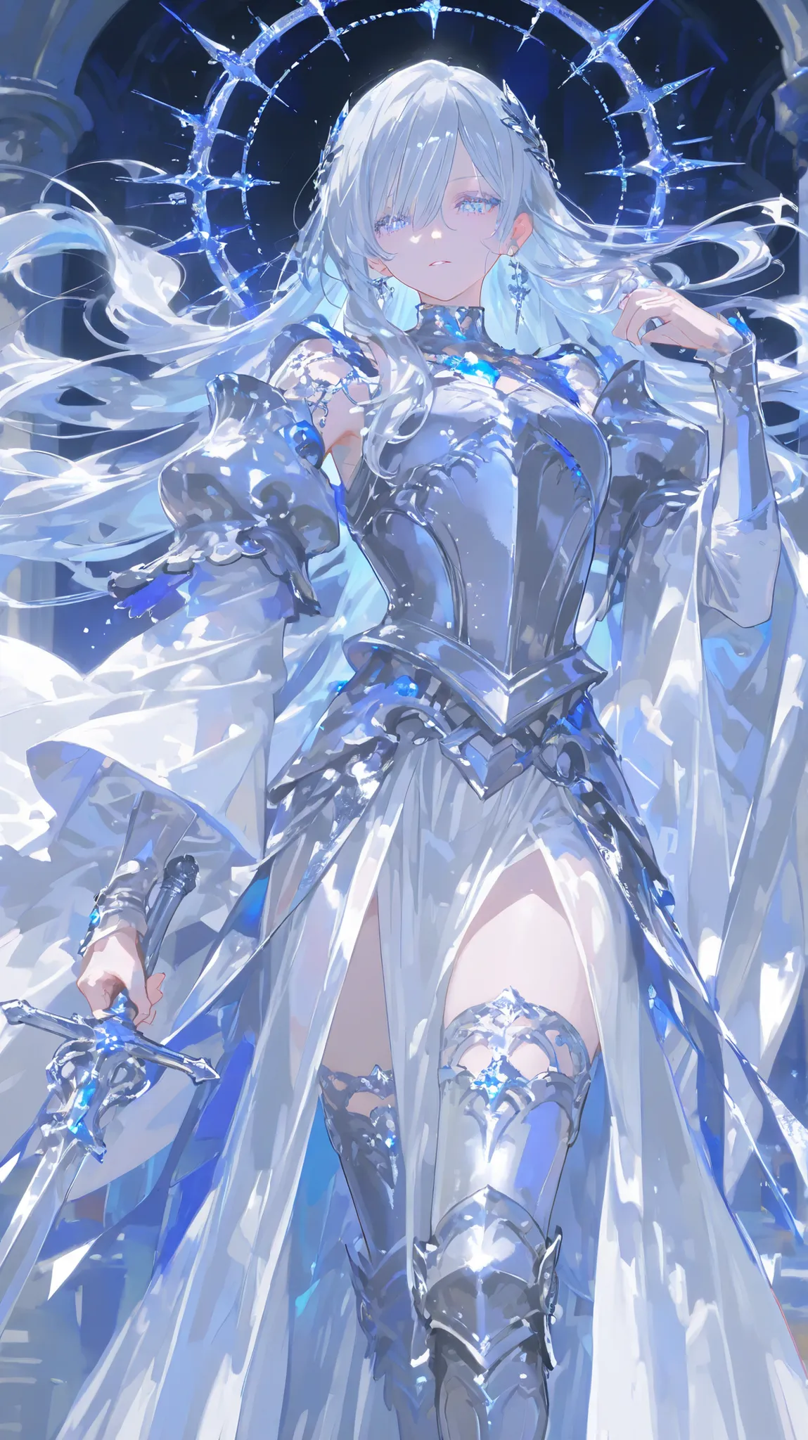 Create a majestic and graceful female fantasy character, tall in stature with long, flowing silver hair. The character is adorned in dark, intricate robes embellished with silver armor and celestial motifs. They hold two gleaming, elegant swords, poised as...