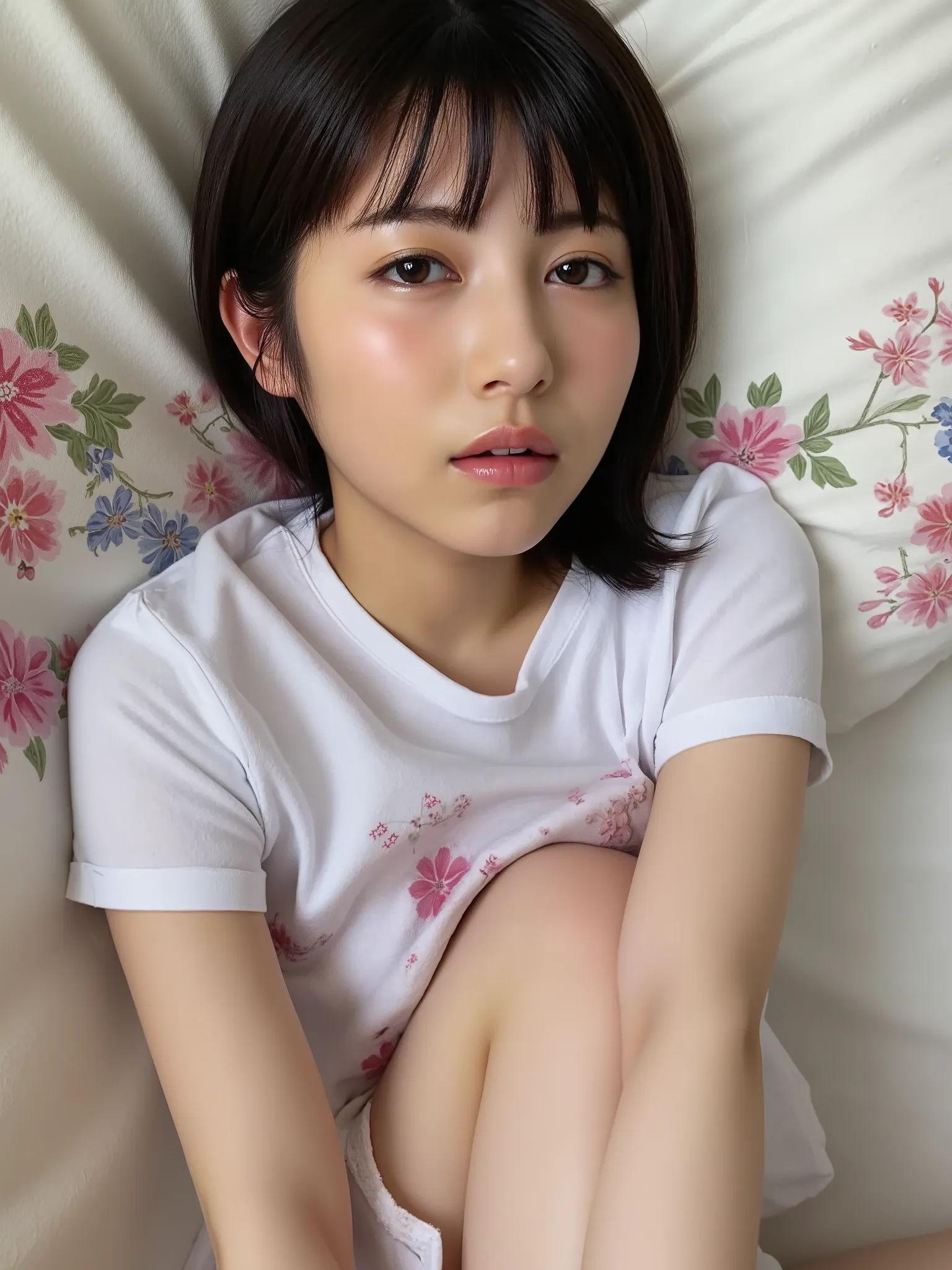 (photos, highest quality, 4K, High resolution, masterpiece, Genuine, Realistic, Realistic:1), ((upper boddy shot, from front, single image)), perfect figure, very pretty, Japanese high school student lie down,
raise up leg, knee, background colored bed s...