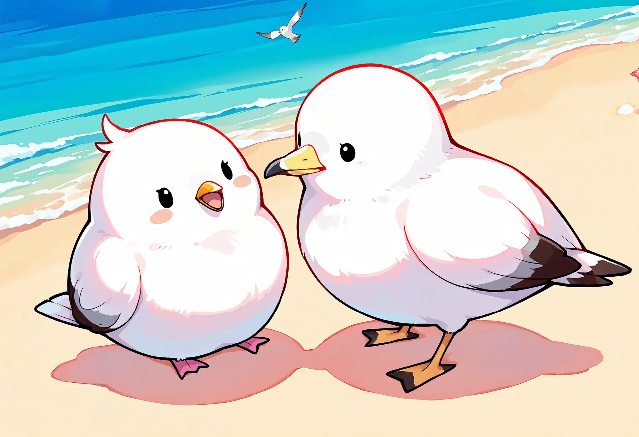 Masterpiece,Best quality, ultra detailed,Japanese Anime style, (pure white sparrow mascot and seagull ) , white sparrow,round body, fluffy body,simple face, cute appearance, Seagull, beach, sparrow and seagulls greeting each other,