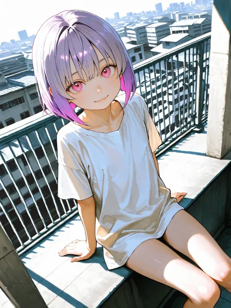 short girl, 1 girl,is young, flat chested,realisticな外観, big pink eyes, short bob、Gradation color purple hair and gray hair、plain shirt、I can see my chest、I can see my chest、sit、 completely naked、from above、Outdoors、Building Rooftop、細部にこだわったrealisticな影、mov...
