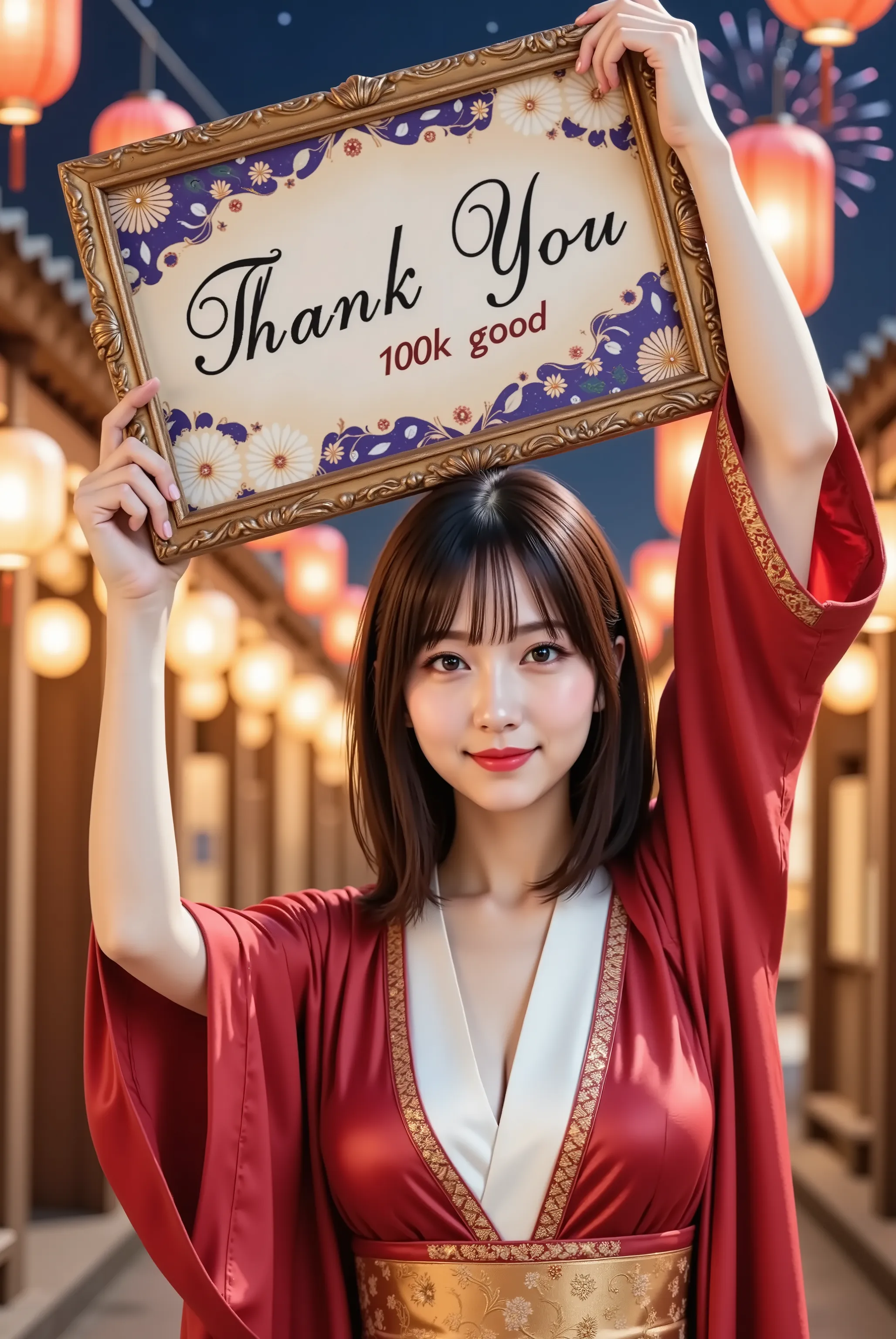 A slender young woman with firm and full breasts held high and compact to showcase a bold and daringly deep and wide cleavage, wearing a luxurious silk yukata in deep sapphire red with gold floral embroidery along the wide neckline and flowing sleeves, cin...