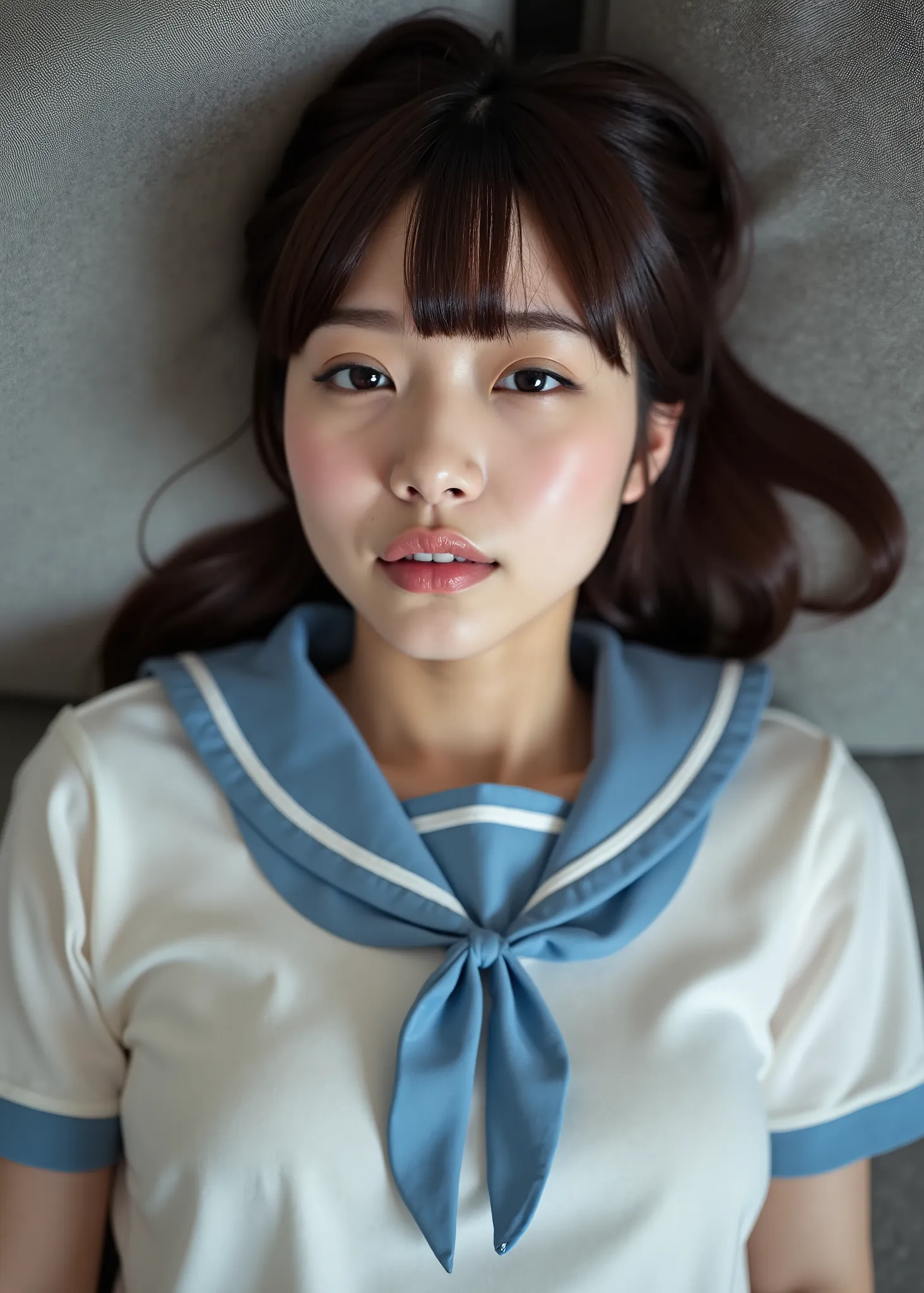 ( photos, upper body shot), perfect figure, very pretty, Japanese high school woman, like girl, office reception room, lie down on your back on the sofa, Japanese sailor school shirts, 20 years old, Photos taken from above by viewers, Suggested gender, upp...