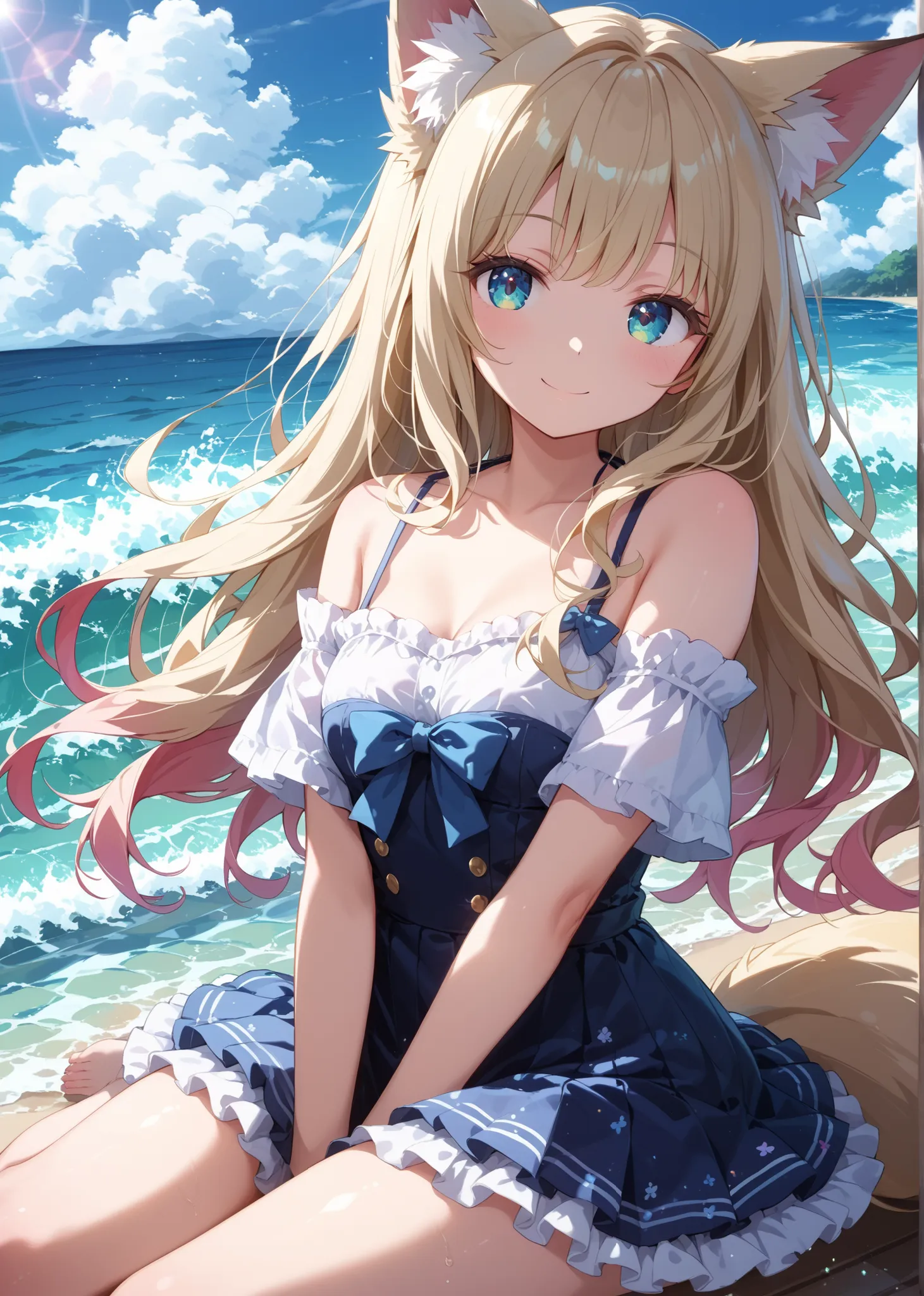 masterpiece、Concept Art、（very well detailed）、 (((masterpiece、Highest Quality、   、16k))) 、1 girl、( fox ears、off-shoulder、platinum blonde、long hair、wave hair、Frilled skirt)、( やわらかなsmile )、beach 、  Spaghetti Background   、 dreamy  、 Spectacular photos 、smile、...