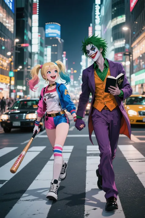 light yagami (death note) dark green haired with joker costume holding hands with misa amane (death note) blonde haired in two ponytails combination of blue and pink wearing harley quinn costume. light yagami holding death note book while misa amane holding baseball bat. They walk happily with beautiful smiles on zebra crossing in tokyo city with city lights and cars passing by in the background.