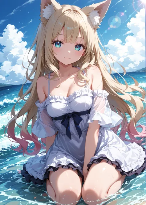 masterpiece、Concept Art、（very well detailed）、 (((masterpiece、Highest Quality、   、16k))) 、1 girl、( fox ears、off-shoulder、platinum blonde、long hair、wave hair、Frilled skirt)、( やわらかなsmile )、beach 、  Spaghetti Background   、 dreamy  、 Spectacular photos 、smile、...
