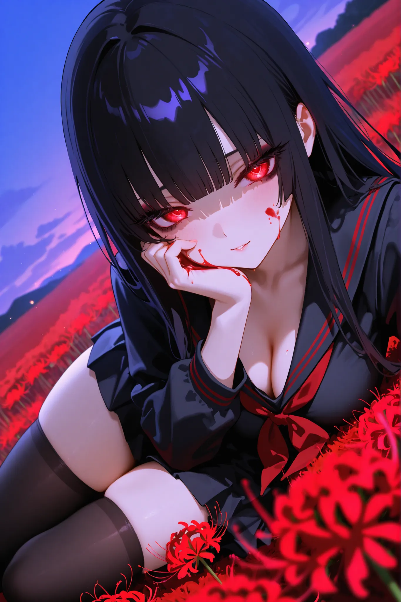 masterpiece, best quality, amazing quality, newest, absurdres, HDR, vivid colors, thick eyelashes, black hair, long hair, hime haircut, red eyes, glowing eyes, black eyeshadow, medium breasts, black seifuku, cleavage, black thighs highs, zettai ryōiki, yan...