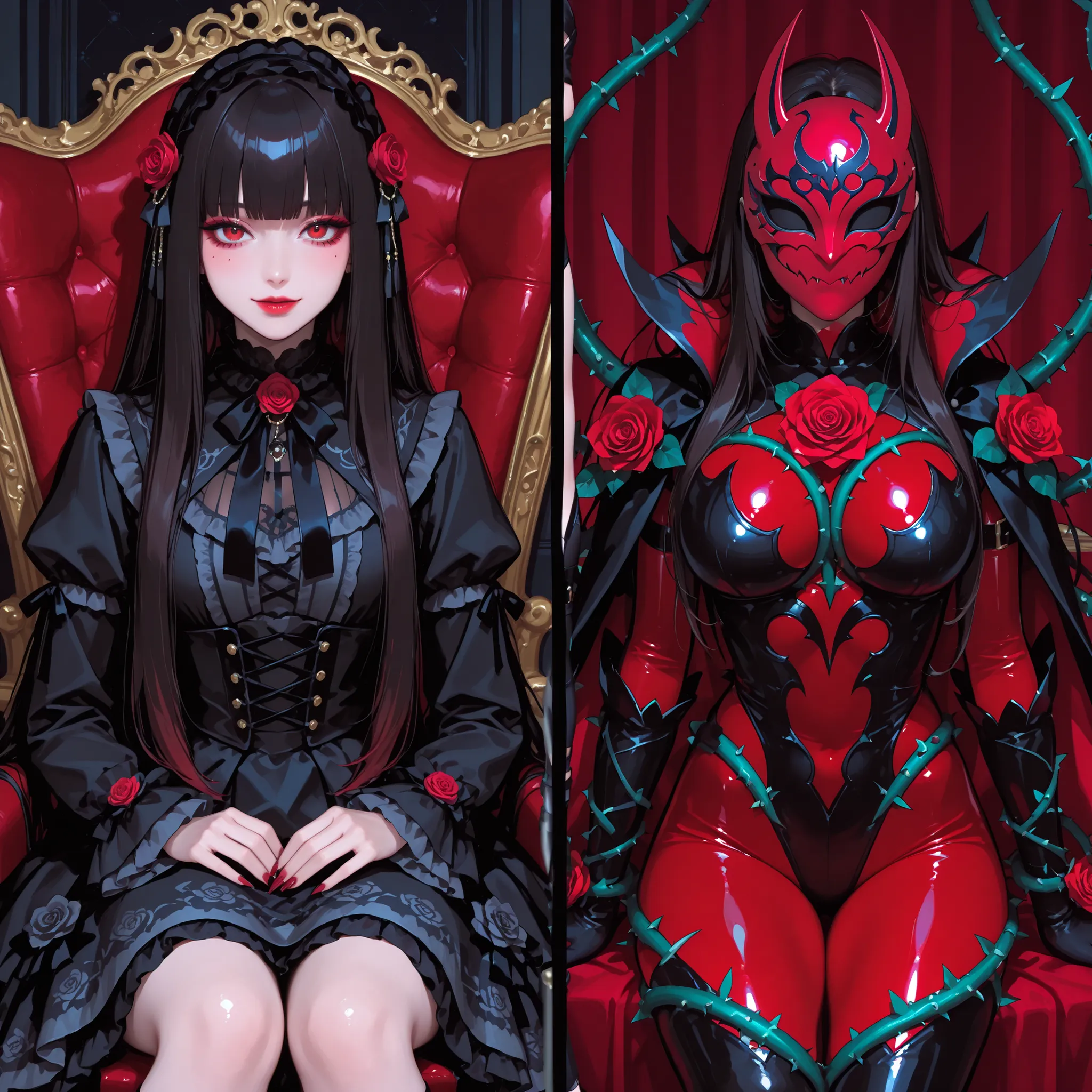Split screen. kaijin girl. rose mask. sharp thorns. black and red bodysuit. sharp claws. ruffles. thorns.