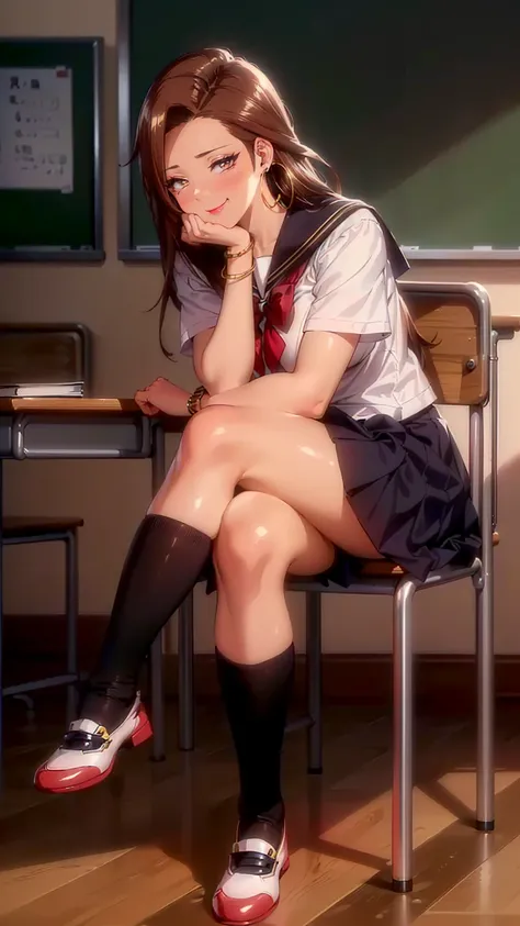 ((1girl, solo ,alone, (risa hamazaki, RisaHamazak1, brown hair, long hair, brown eyes, hoop earrings, forehead, large breasts), gold bracelets, ruby earrings)), ((solo, 1woman, Extremely detailed, ambient soft lighting, 4k, perfect eyes, a perfect face, perfect lighting, a 1girl)), austere, ((fitness,, shapely body, athletic body, toned body)),  (((Cute High School Girl, full body, gyaru, gal schoolgirl, class room, sailor school uniform, smug, sitting, legs crossed)))