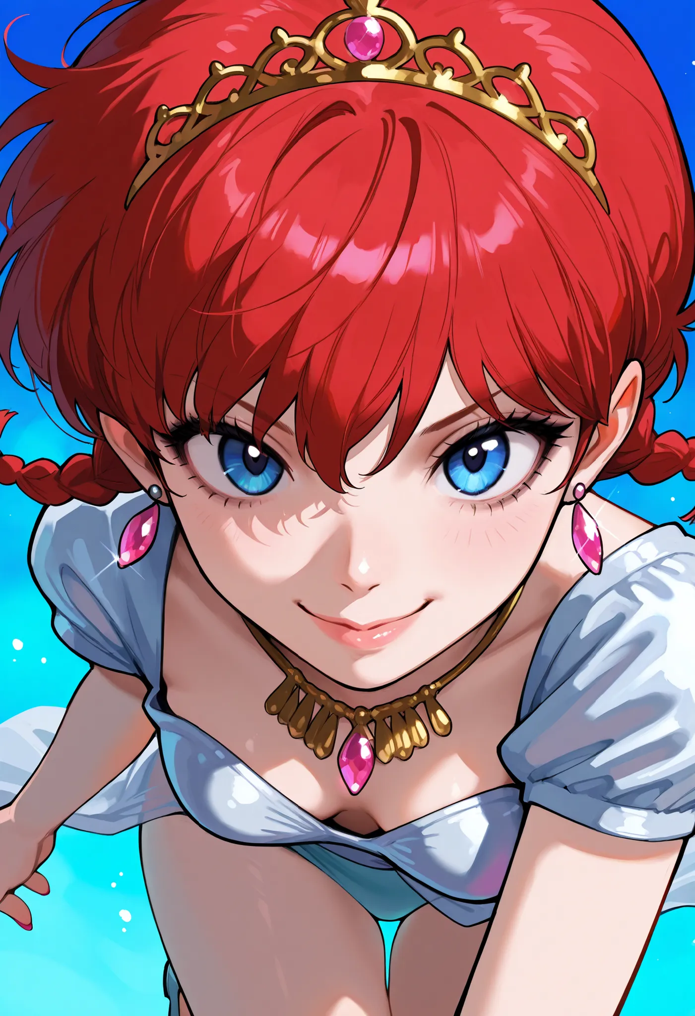 safe_pos, Ranma Saotome. red hair. pigtail. blue eyes. braid. small breasts. huge hips. necklace. black eyeliner. pink manicure. | amazing quality, very aesthetic, high resolution, ultra-detailed, absurdres, newest, colorful, rim light, backlit, highest de...