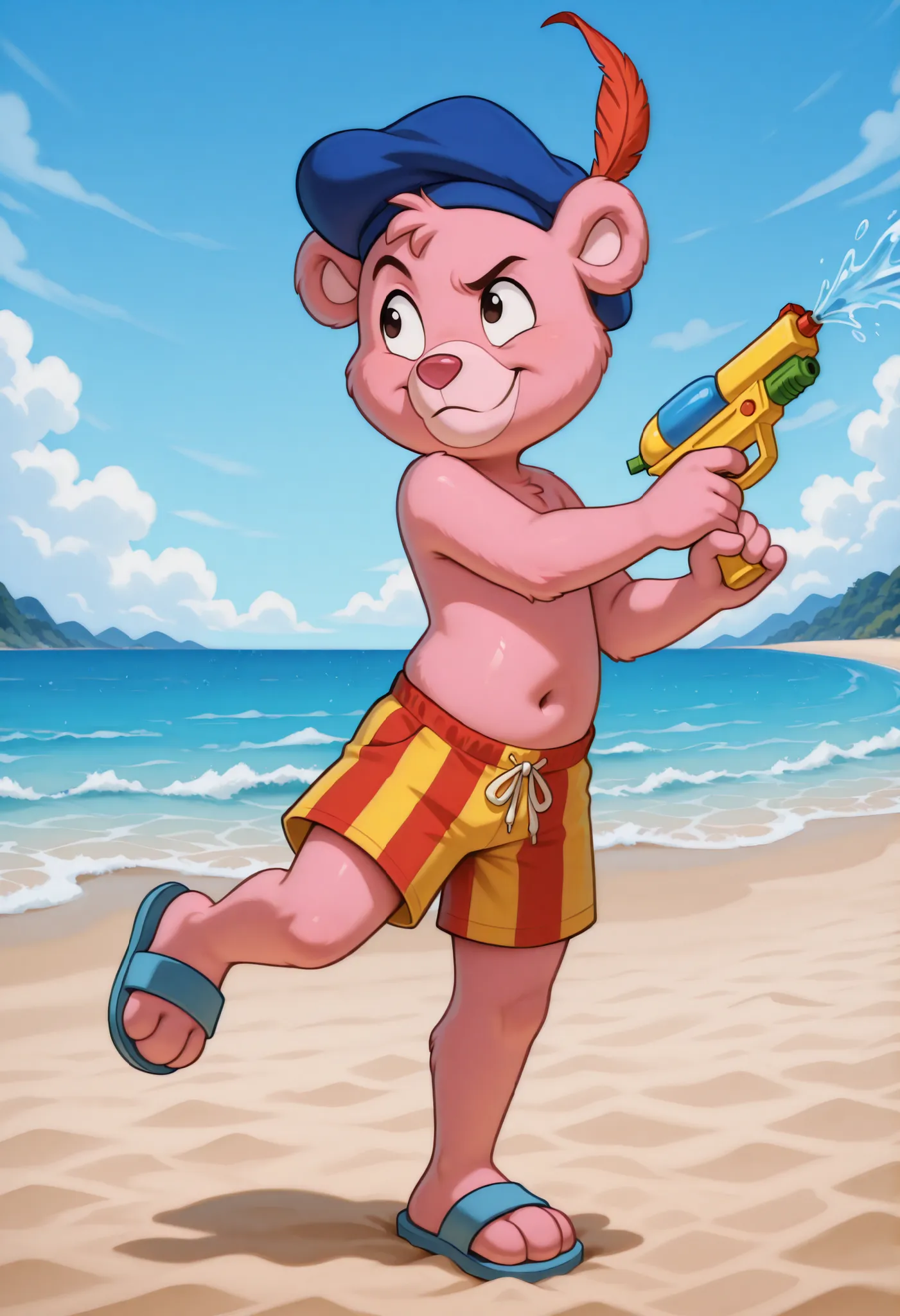 score_9, score_8_up, score_7_up, (masterpiece, best quality, very aesthetic, absurdres, source furry, artist:sakura, shaded, cubbigummixl, amazing quality, absurd res, newest, masterpiece, anthro, solo, pink bear, blue hat with feather, striped swim trunks...
