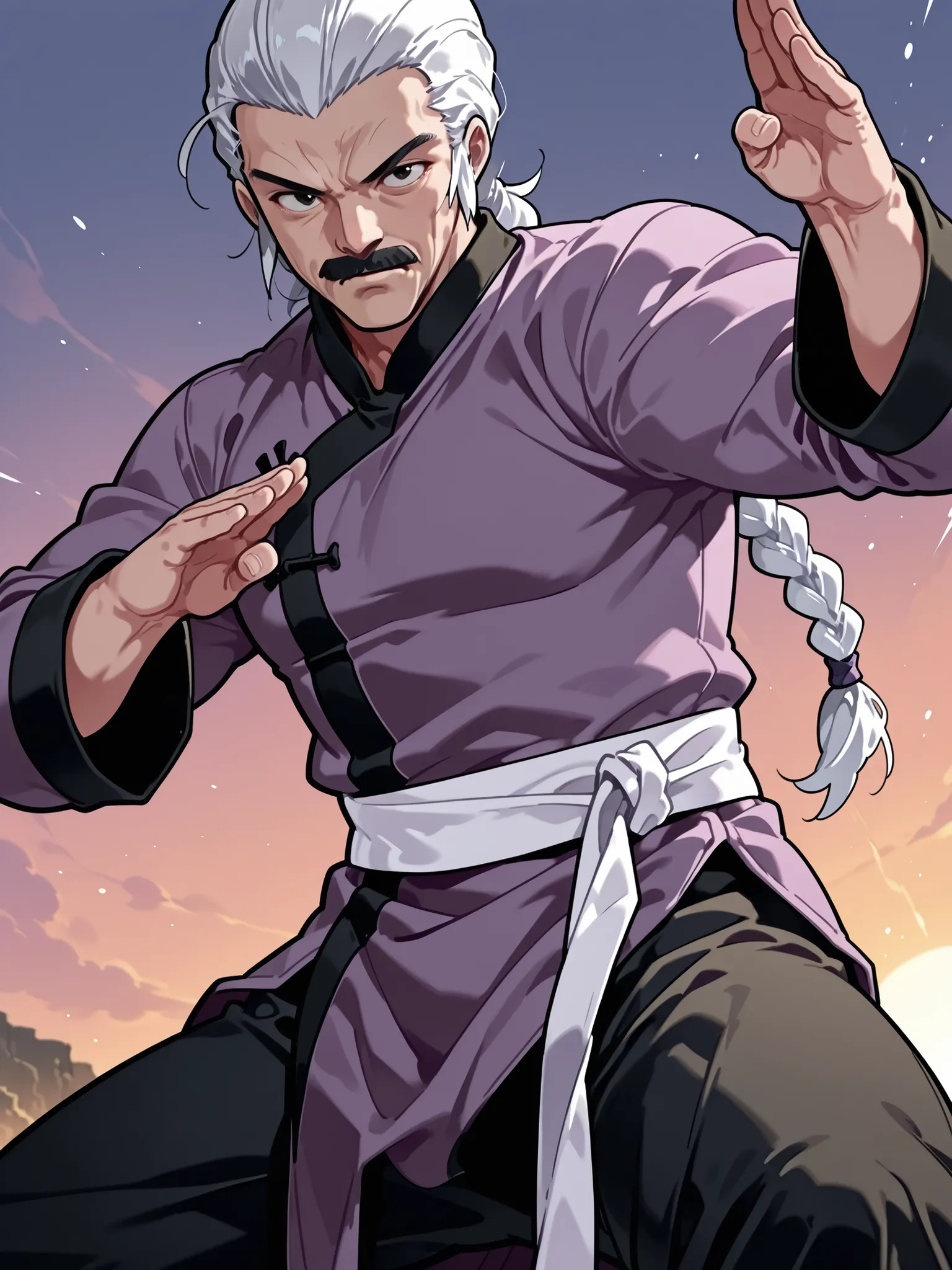 score_9, score_8_up, score_7_up, masterpiece, source_anime, 1old man,moustache,Three-braided ponytail, slicked-back hair,
muscular,kung fu master,
purple kung fu clothe,Black kung fu pants,white obi,fighting stance,in a dynamic motion,background is sunset...