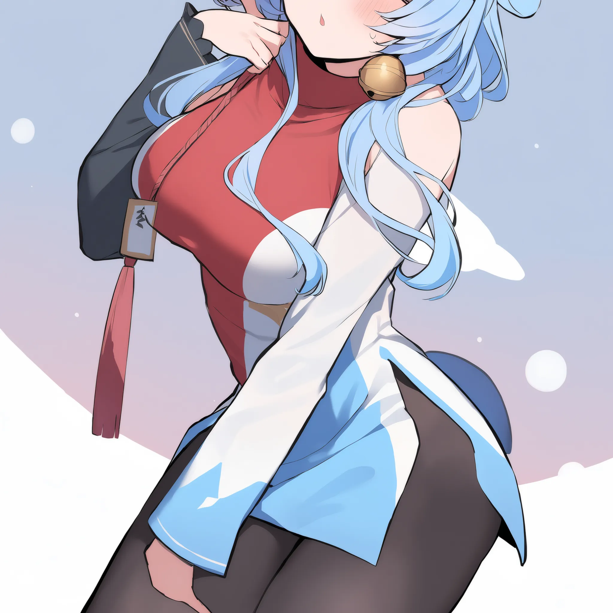 Ganyu Light blue hair Bell around the neck my cheeks are red clothes over black tights blue and white clothes