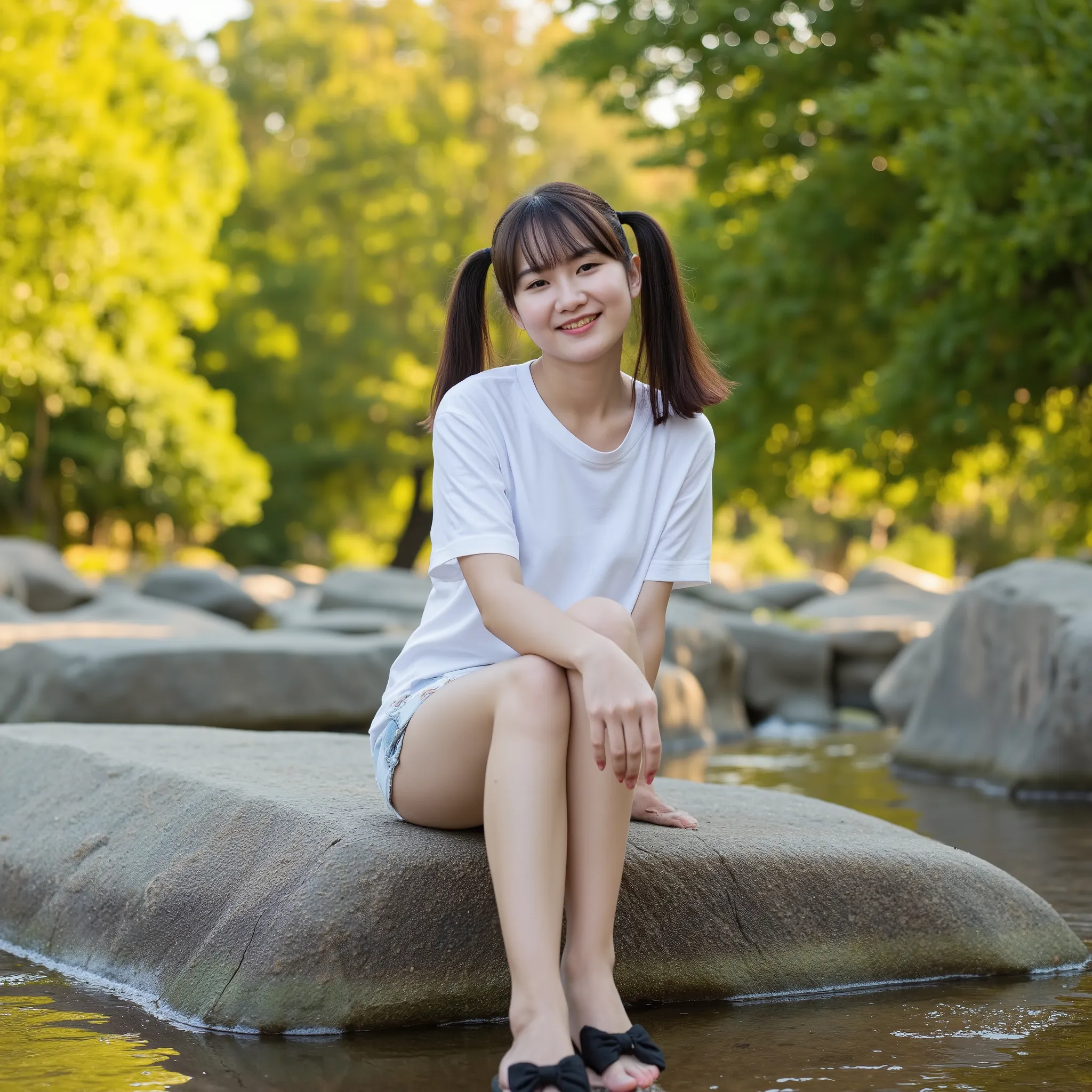 A young Asian woman sitting on a large smooth river rock in the middle of a shallow stream in a forest. She wears a loose white oversized T-shirt and distressed denim shorts, with black slippers that have bow decorations. Her hair is long, straight, with t...