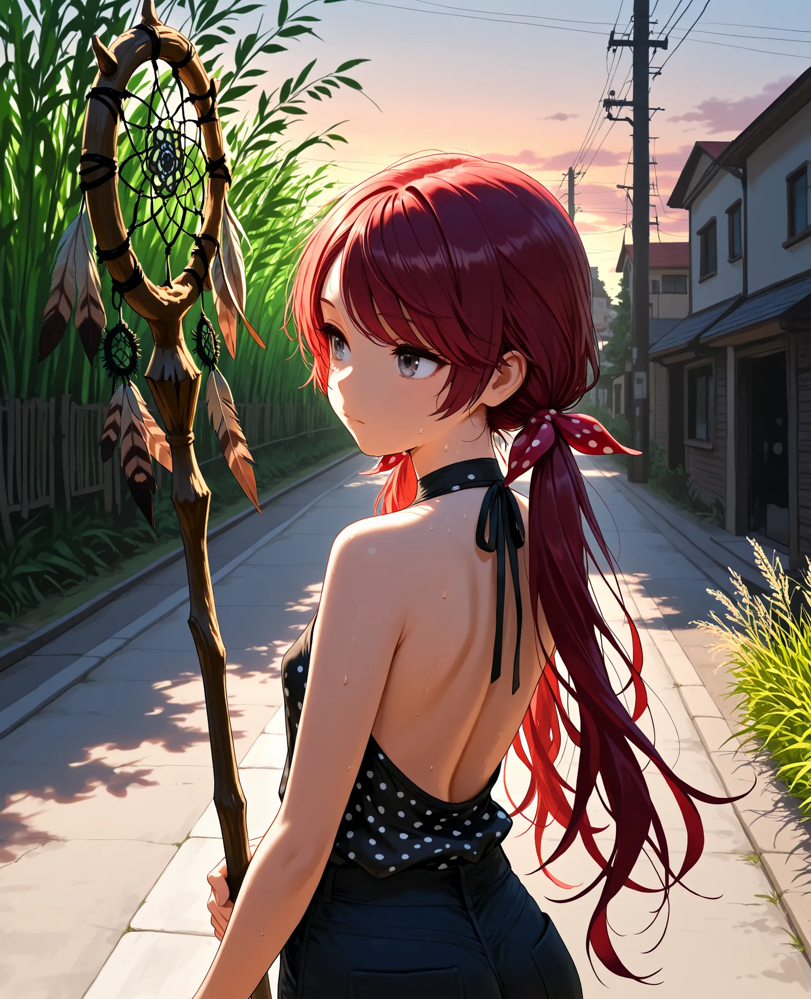 (masterpiece:1.2, Best Quality), (finely detailed beautiful eye: 1.2), (beautiful detailed face), from behind, back shot, sweat, close up, expressionless, backless sleeveless halter neck shirt, black shirt, polka dot shirt, baggy shirt, black jeans, hair r...