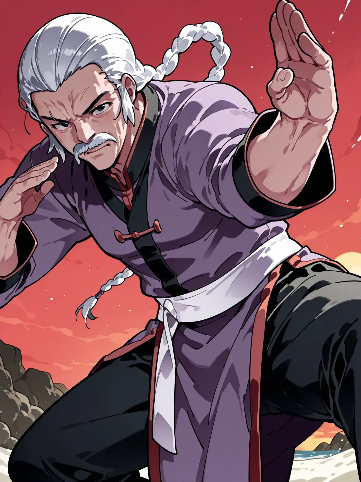 score_9, score_8_up, score_7_up, masterpiece, source_anime, 1old man,moustache,Three-braided ponytail, slicked-back hair,
muscular,kung fu master,
purple kung fu clothe,Black kung fu pants,white obi,fighting stance,in a dynamic motion,background is (sunse...