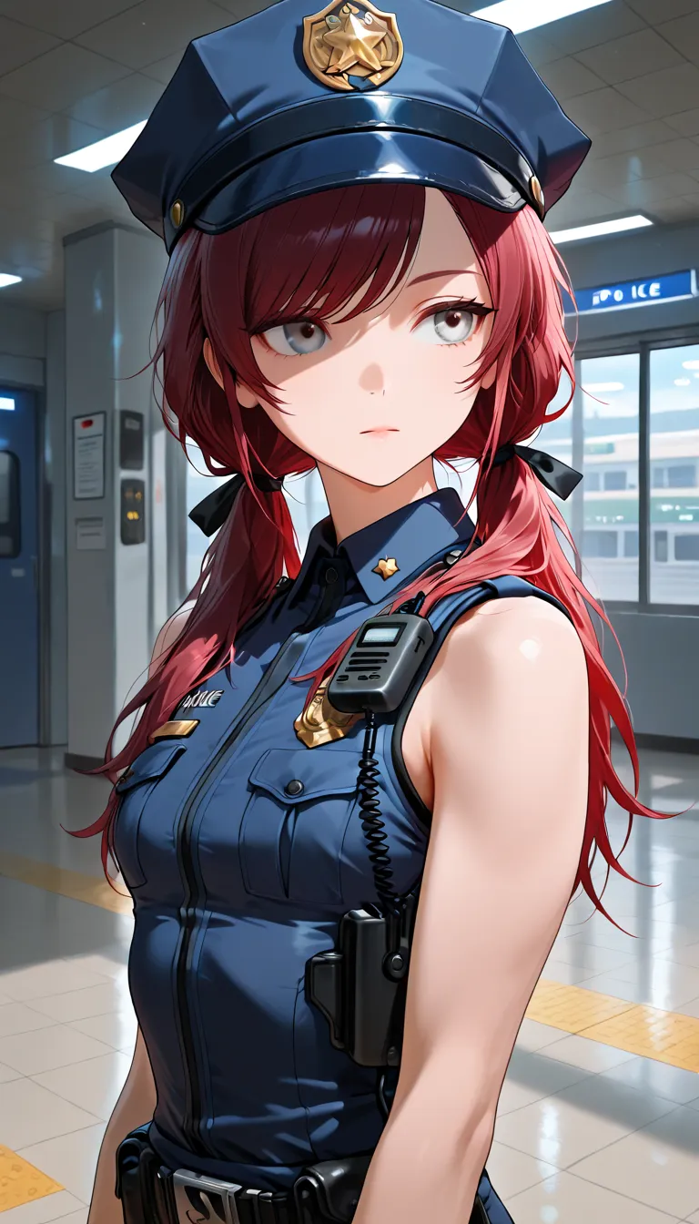 (masterpiece:1.2, Best Quality), (finely detailed beautiful eye: 1.2), (beautiful detailed face),1girl, solo, Gray eyes, dark red hair, swept bangs, long hair, low twin tails, small breasts, slightly toned arms, thin,looking away, bare shoulders, police uniform, sleeveless, police cap, police vest, hair ribbons,  speaking into walkie talkie, expressionless, shadows over eyes, hat askew on head, indoors, police station, 