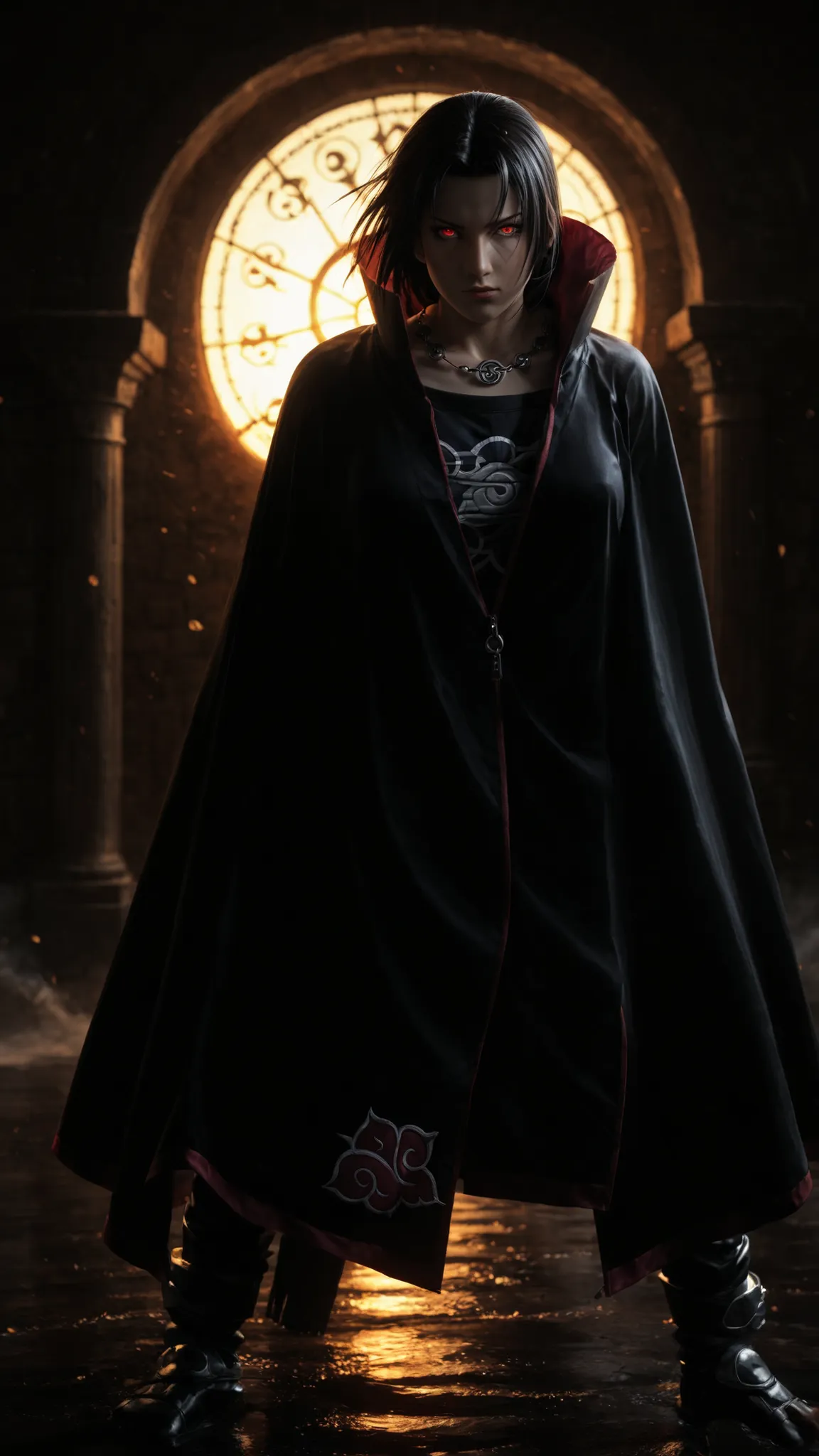 a man with a black cape (akatsuki symbol), as a character in Tekken , anime rudo 8K, Itachi Uchiha, fighting game character, epic anime style, anime character breasts, Itachi detailed, anime character breasts art, an epic full body art anime