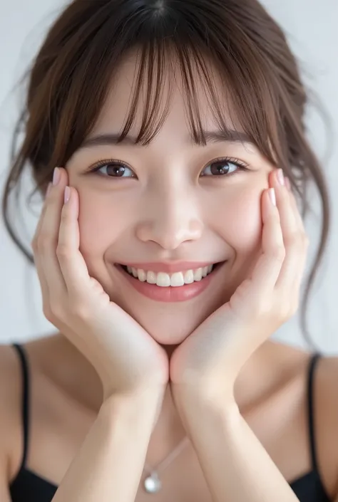 An extreme ultra close-up, hyperrealistic portrait of an overwhelmingly beautiful young Japanese woman, photographed in immaculate cinematic soft light. Her face fills 95% of the frame, captured in exquisite high-resolution with ultra-fine skin texture, vi...